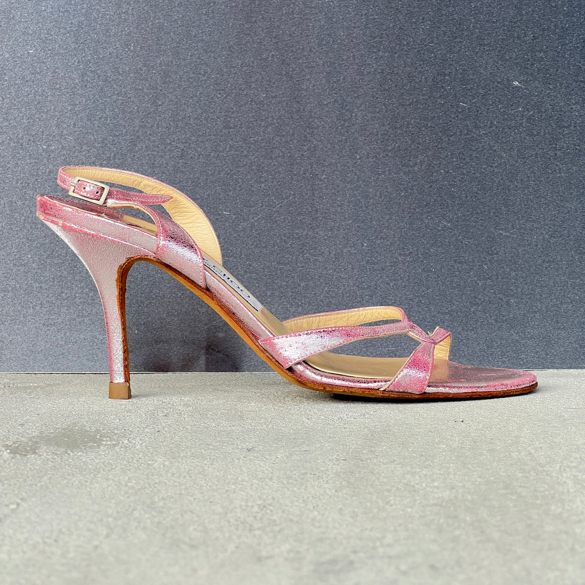 Jimmy Choo | Pink Metallic Leather Strappy Slingback Stiletto Heels (37)