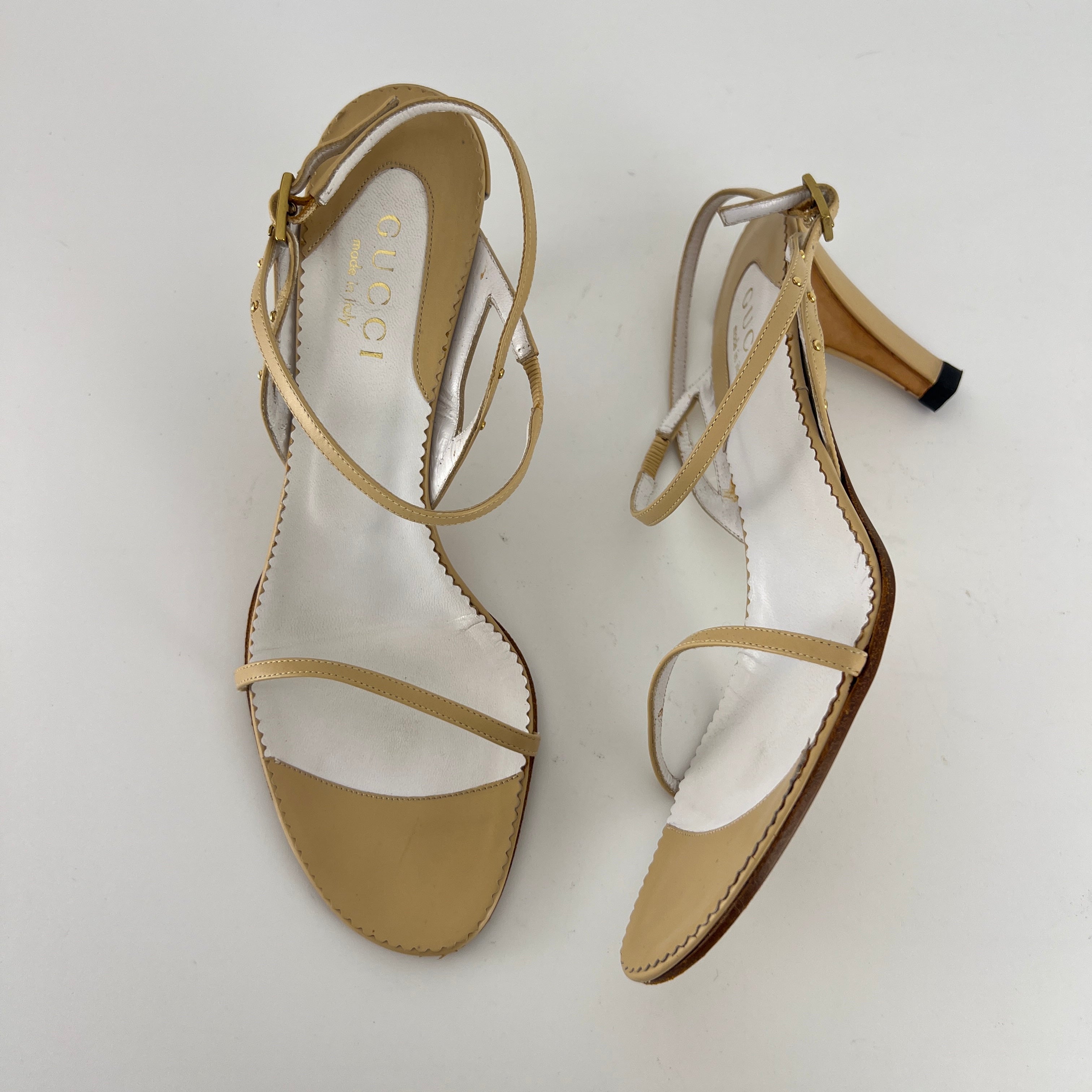 Gucci | Vintage Nude Leather Gold Studs Strappy Sandal Heels (7.5 , 37.5)