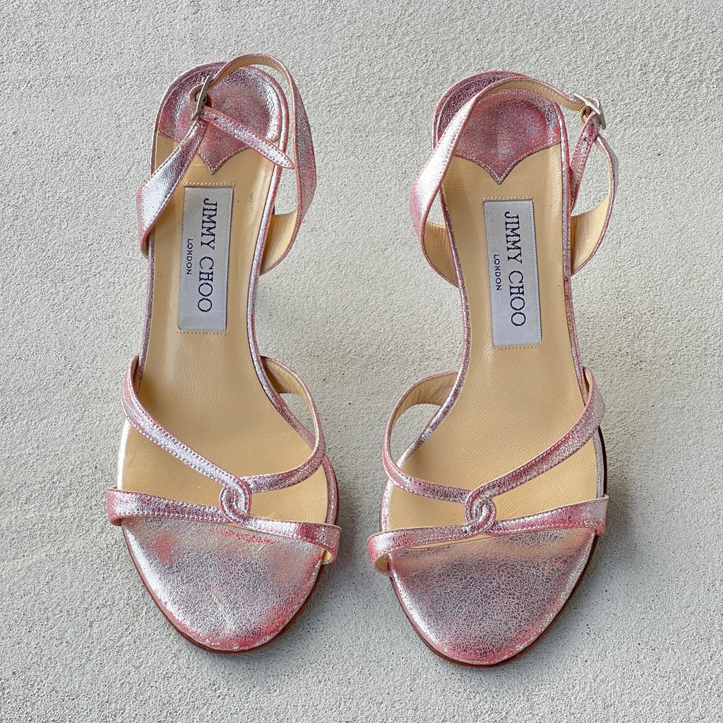 Jimmy Choo | Pink Metallic Leather Strappy Slingback Stiletto Heels (37)