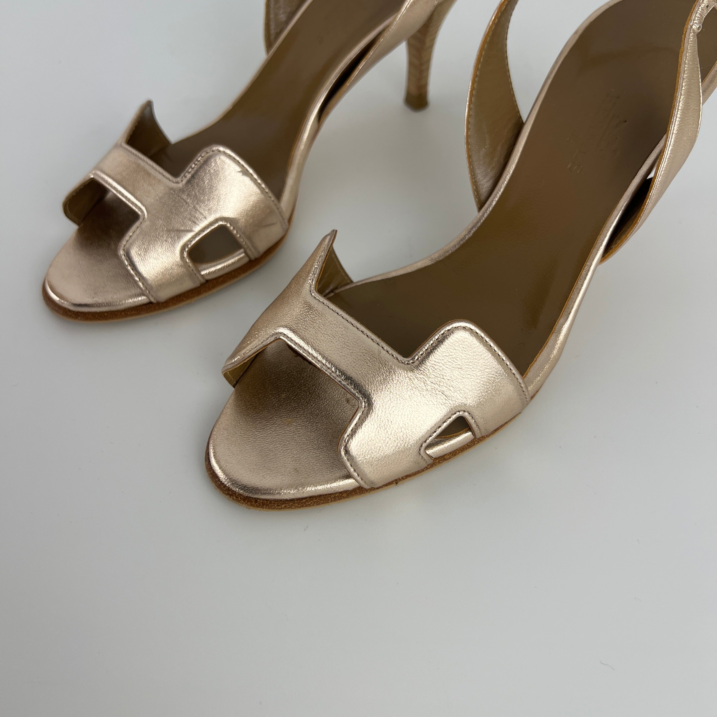 Hermes | Night 70 Metallic Gold H Logo Slingback Stiletto Heels (35)