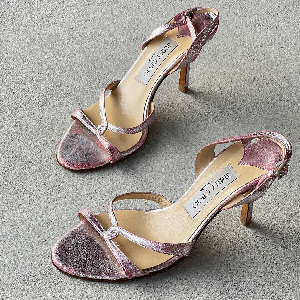 Jimmy Choo | Pink Metallic Leather Strappy Slingback Stiletto Heels (37)