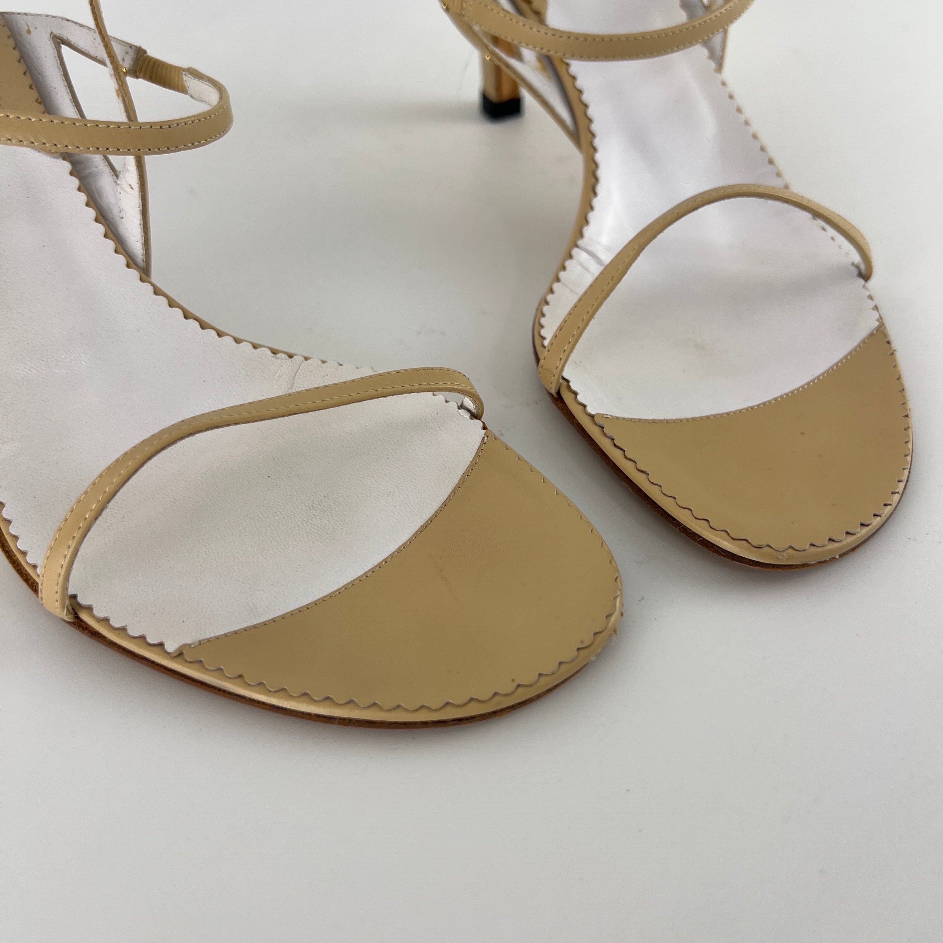Gucci | Vintage Nude Leather Gold Studs Strappy Sandal Heels (7.5 , 37.5)