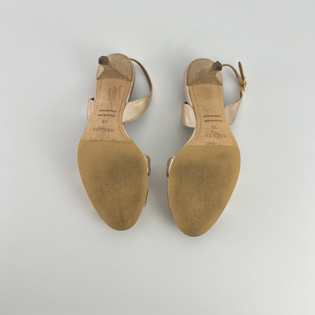 Hermes | Night 70 Metallic Gold H Logo Slingback Stiletto Heels (35)