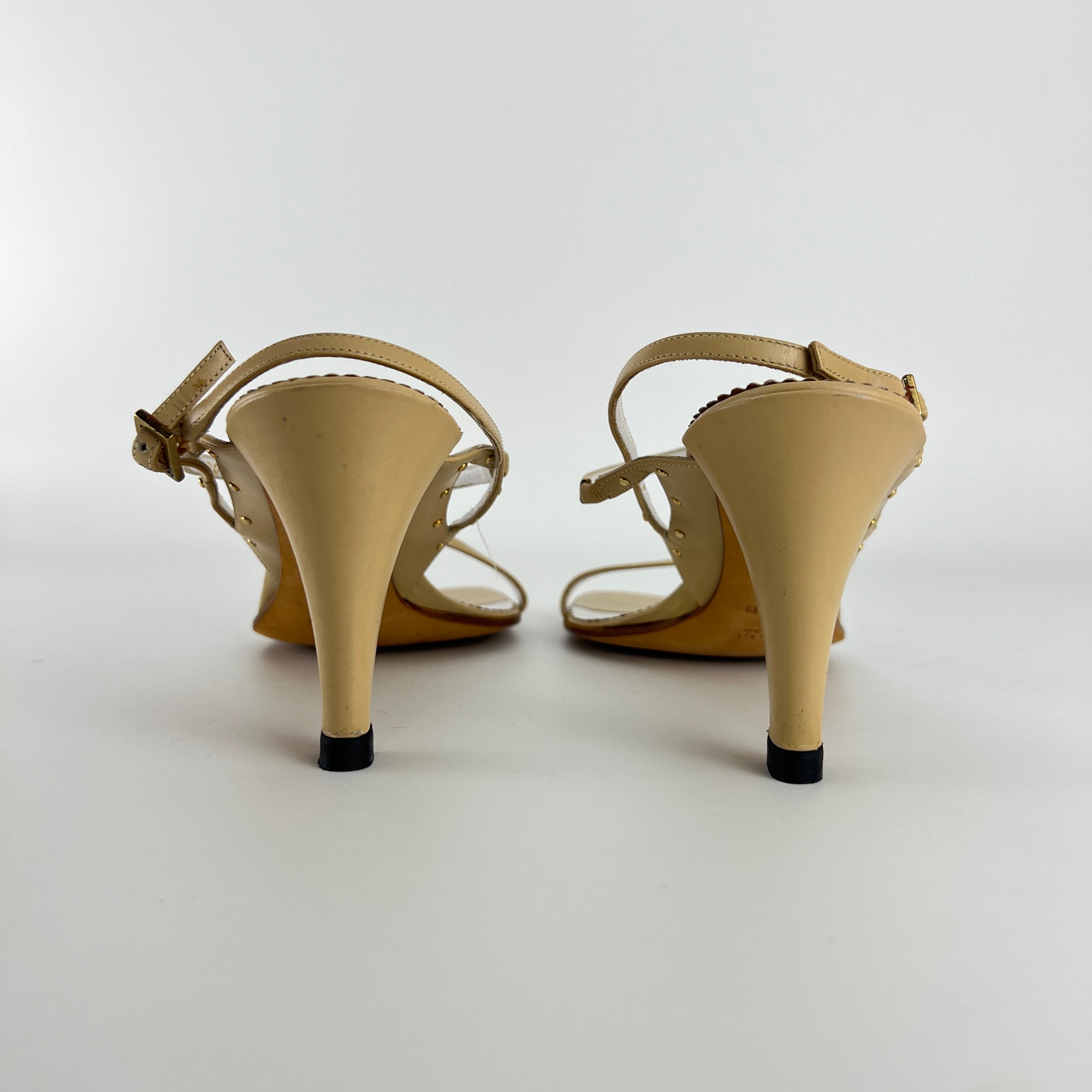 Gucci | Vintage Nude Leather Gold Studs Strappy Sandal Heels (7.5 , 37.5)
