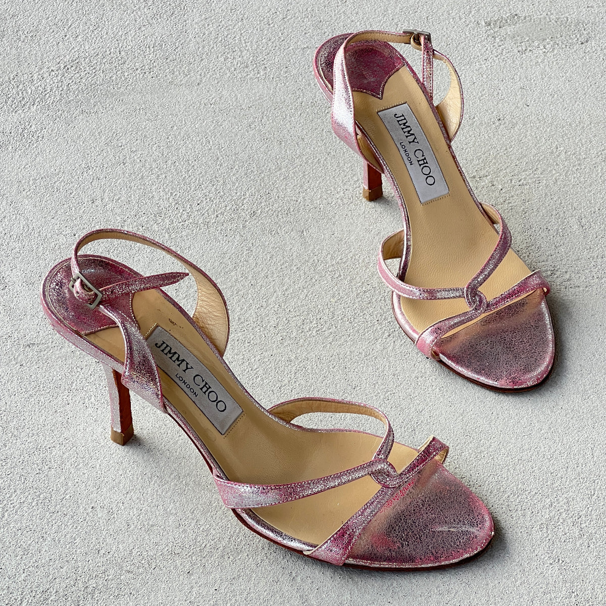 Jimmy Choo | Pink Metallic Leather Strappy Slingback Stiletto Heels (37)