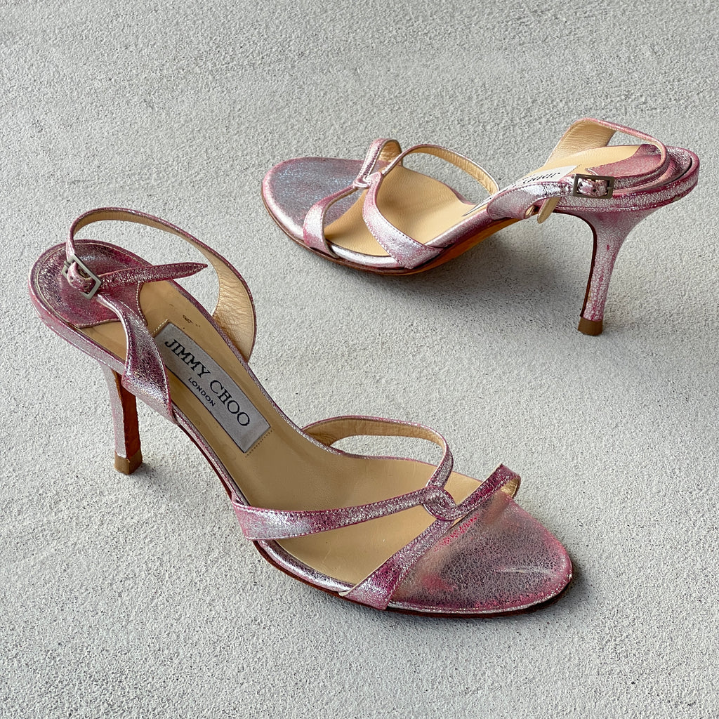 Jimmy Choo | Pink Metallic Leather Strappy Slingback Stiletto Heels (37)
