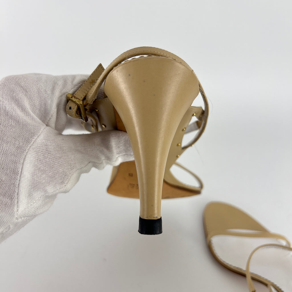 Gucci | Vintage Nude Leather Gold Studs Strappy Sandal Heels (7.5 , 37.5)