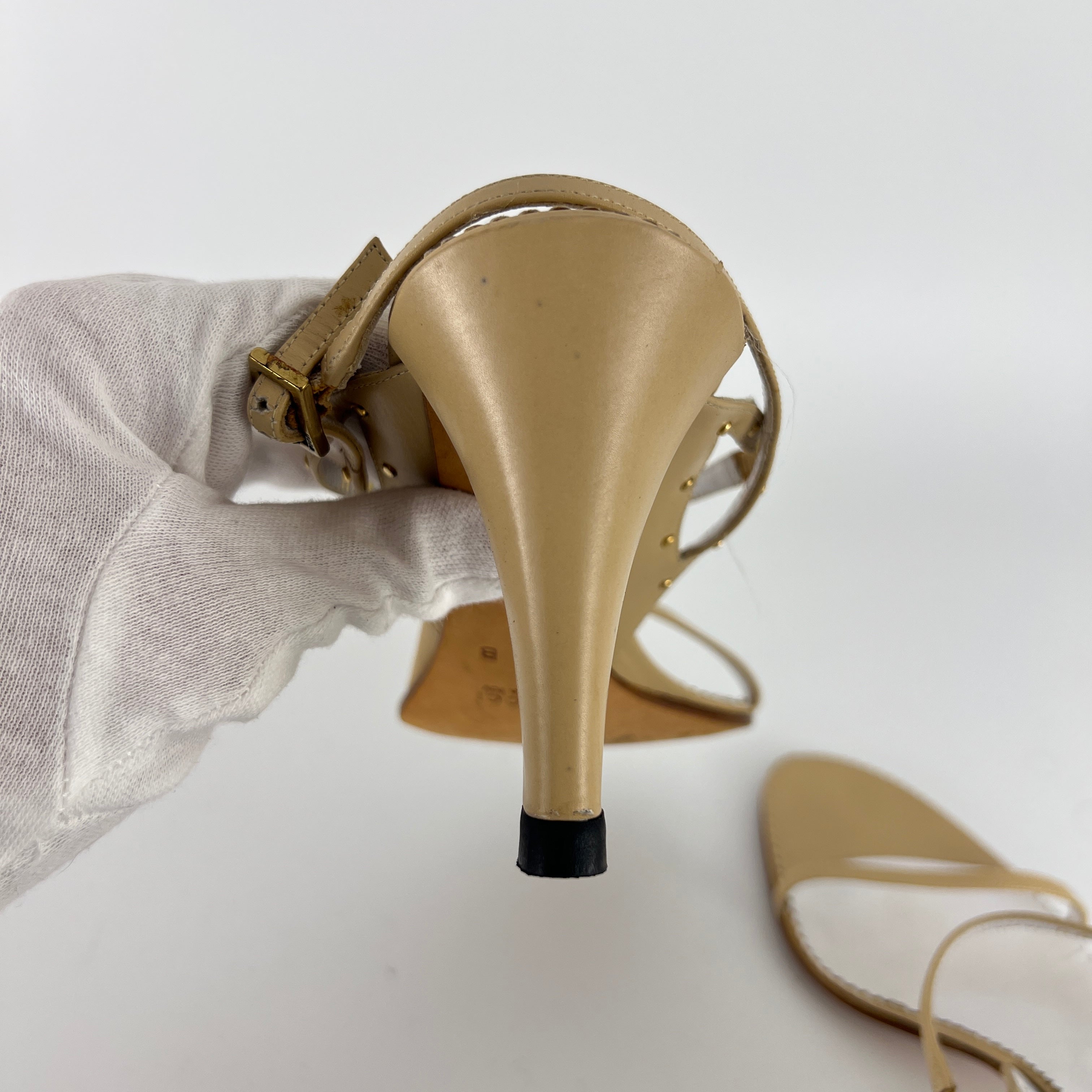 Gucci | Vintage Nude Leather Gold Studs Strappy Sandal Heels (7.5 , 37.5)