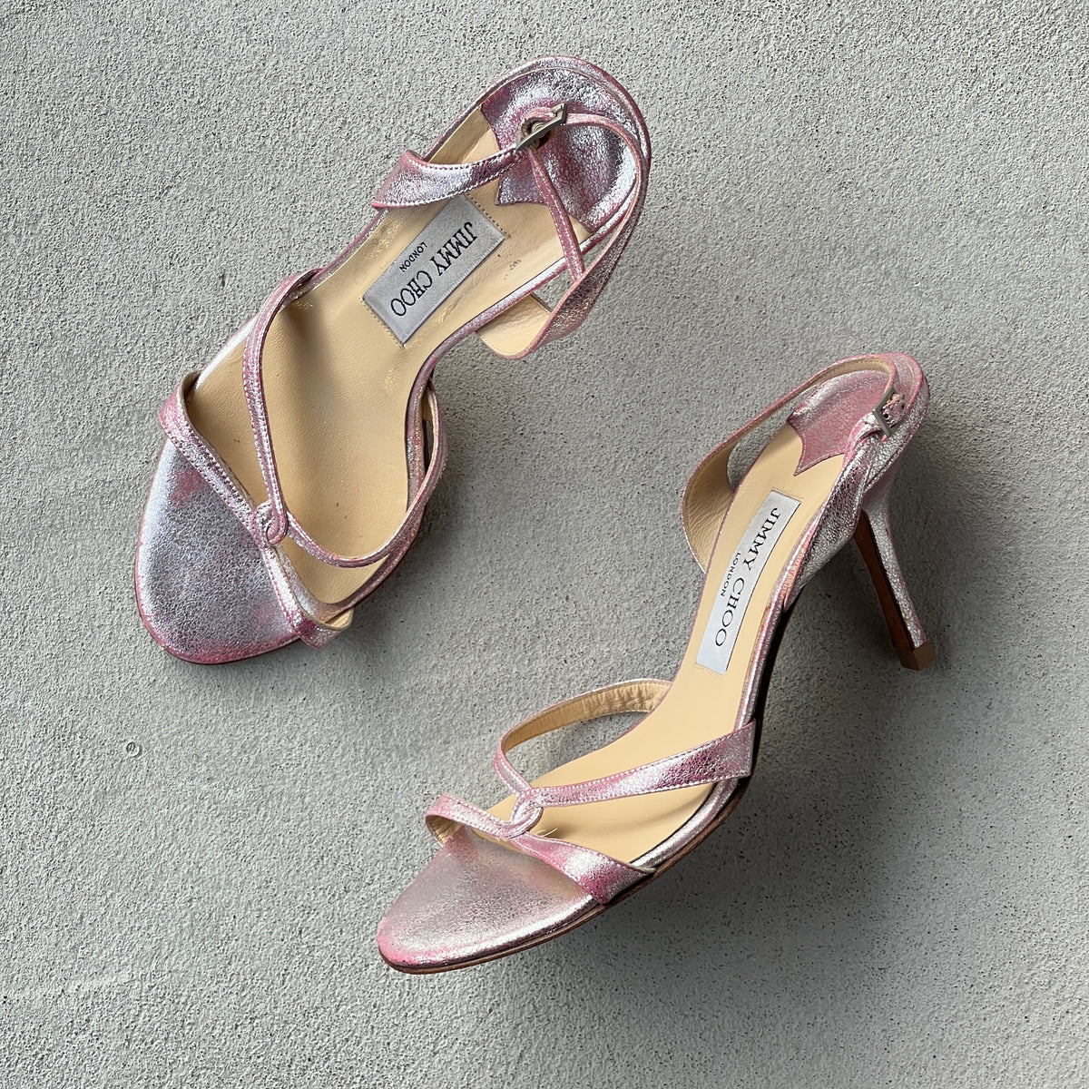 Jimmy Choo | Pink Metallic Leather Strappy Slingback Stiletto Heels (37)