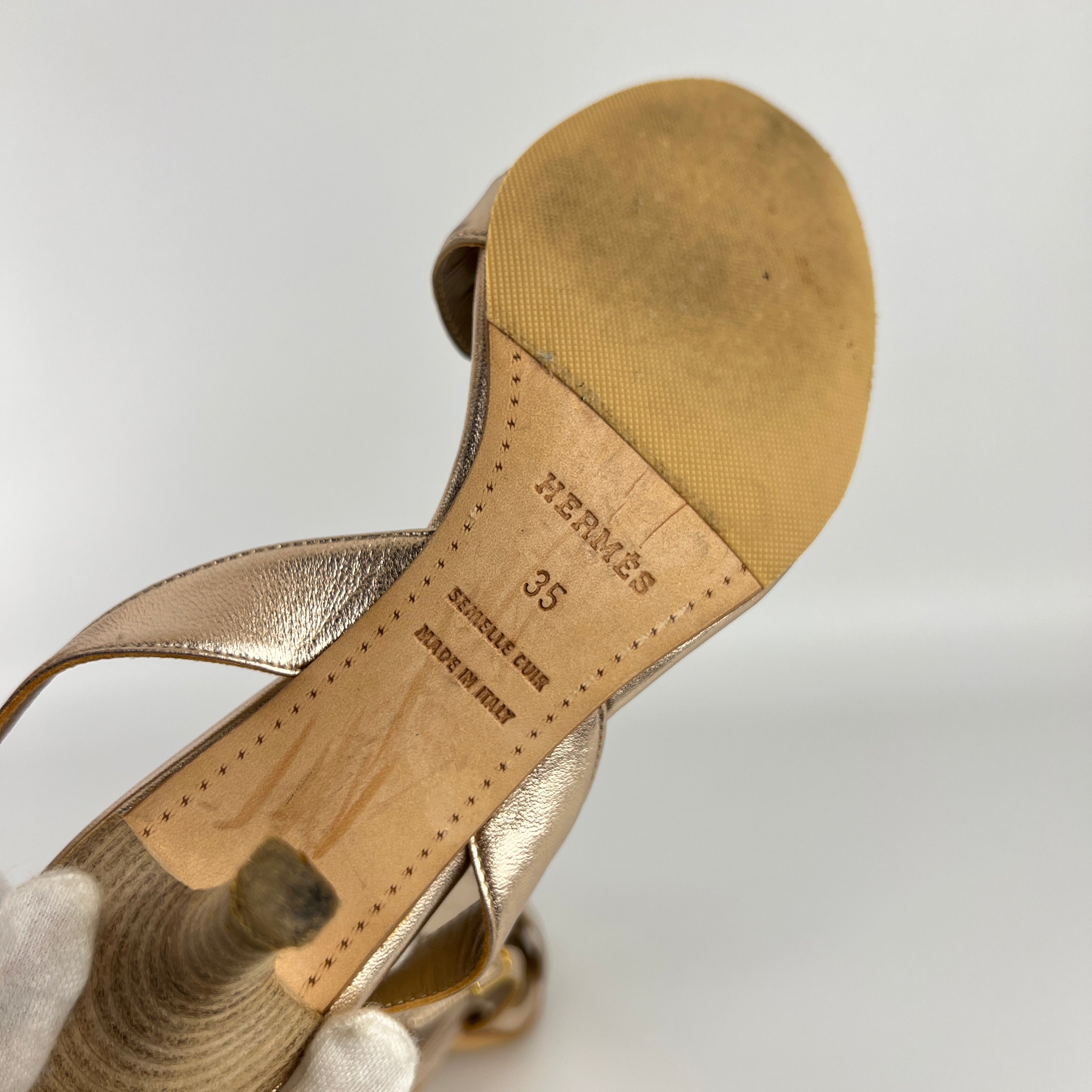 Hermes | Night 70 Metallic Gold H Logo Slingback Stiletto Heels (35)