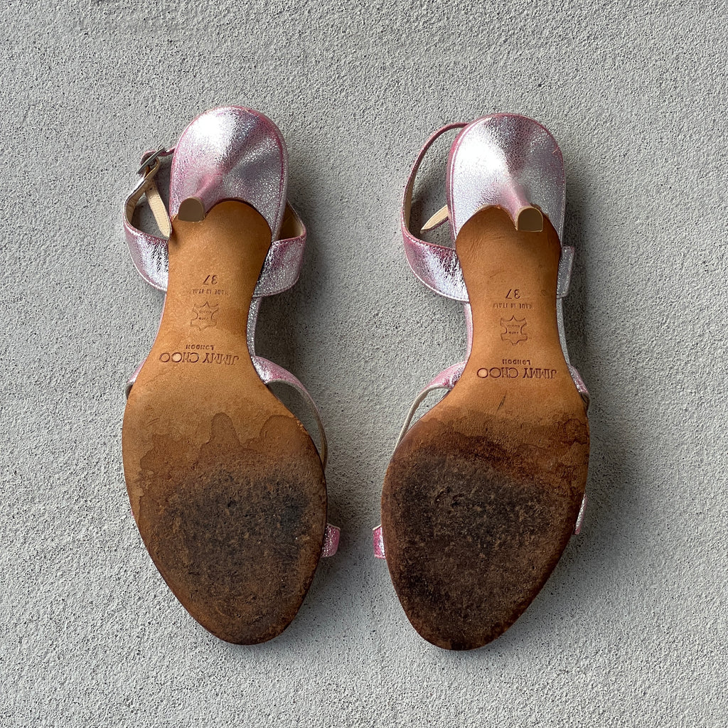 Jimmy Choo | Pink Metallic Leather Strappy Slingback Stiletto Heels (37)