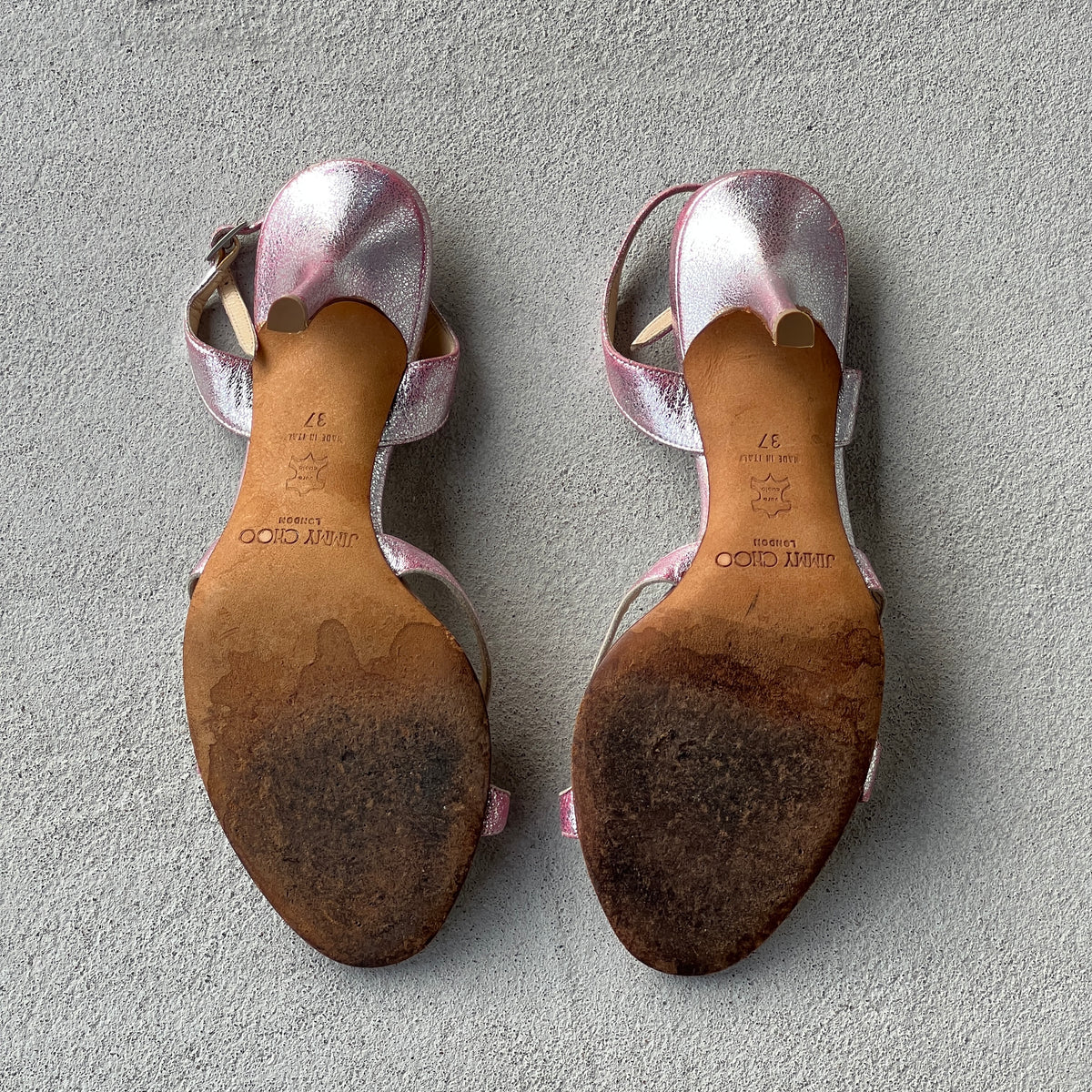 Jimmy Choo | Pink Metallic Leather Strappy Slingback Stiletto Heels (37)