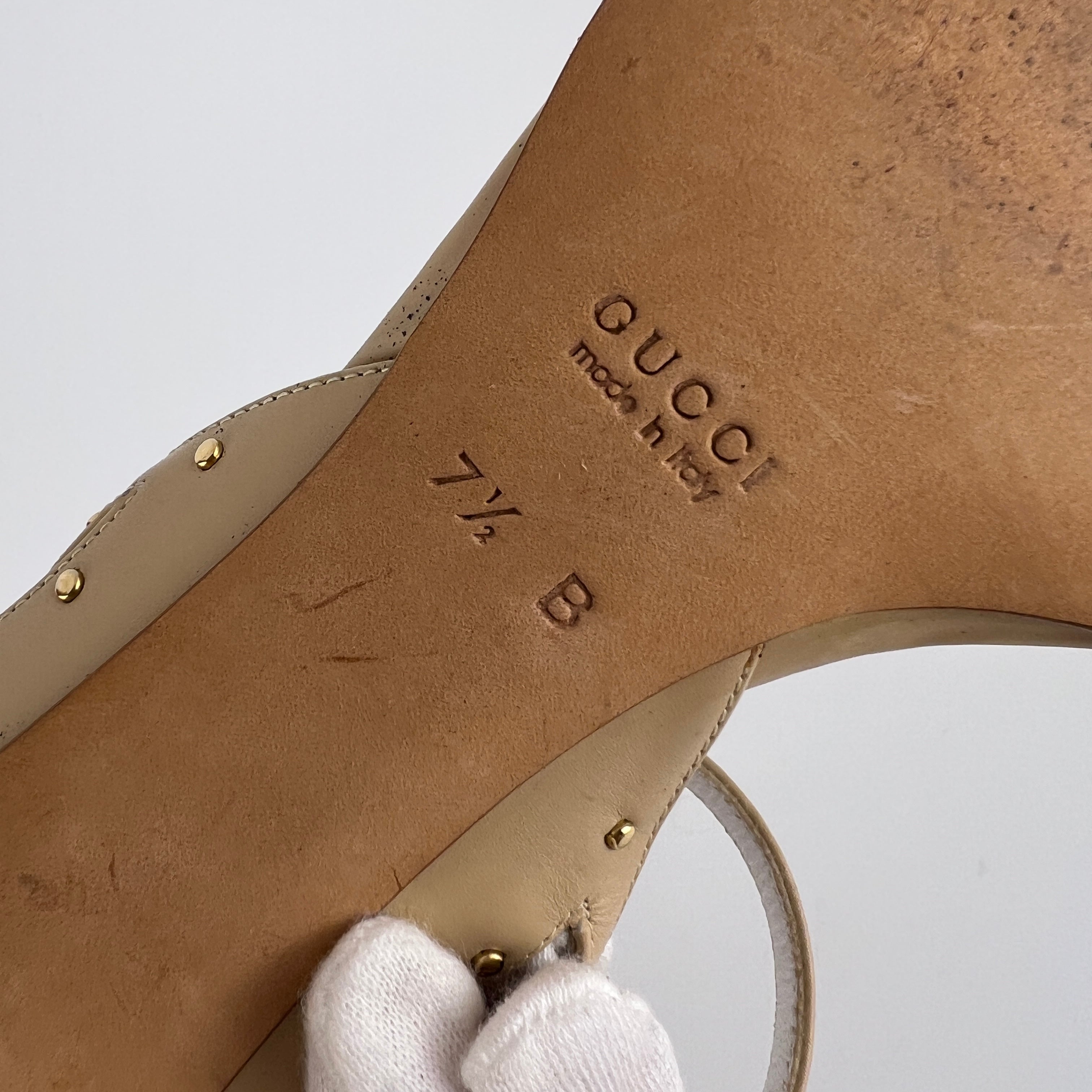 Gucci | Vintage Nude Leather Gold Studs Strappy Sandal Heels (7.5 , 37.5)