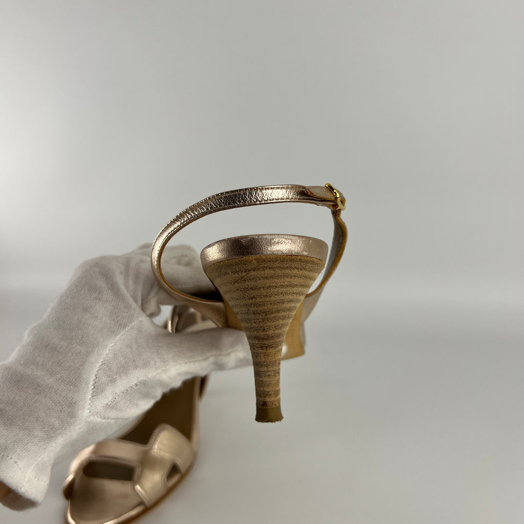 Hermes | Night 70 Metallic Gold H Logo Slingback Stiletto Heels (35)