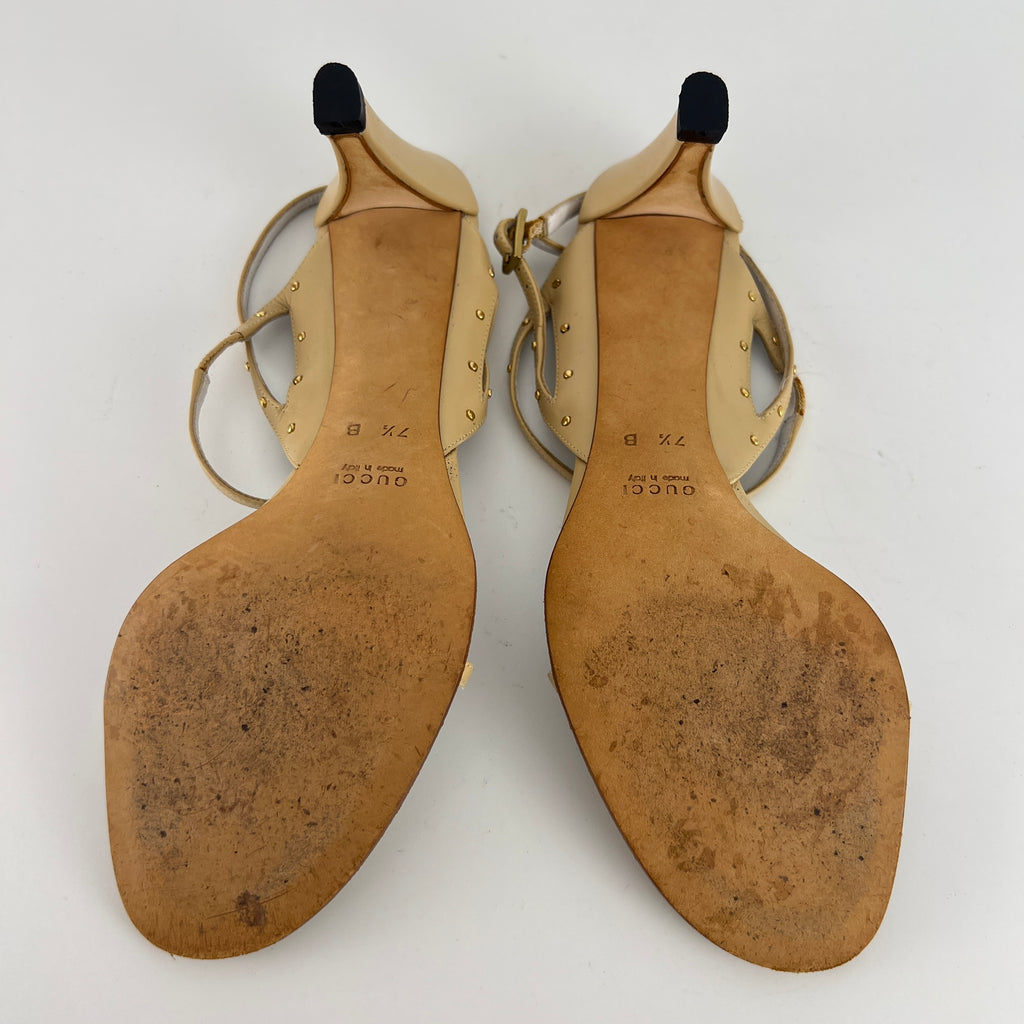 Gucci | Vintage Nude Leather Gold Studs Strappy Sandal Heels (7.5 , 37.5)