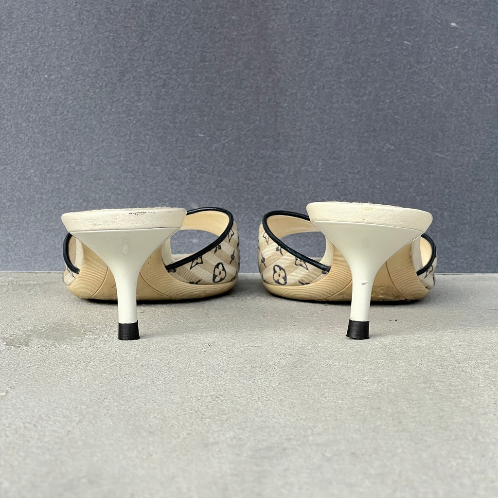 Louis Vuitton | White Blue Monogram Canvas Leather Kitten Heel Slide Mules (38)