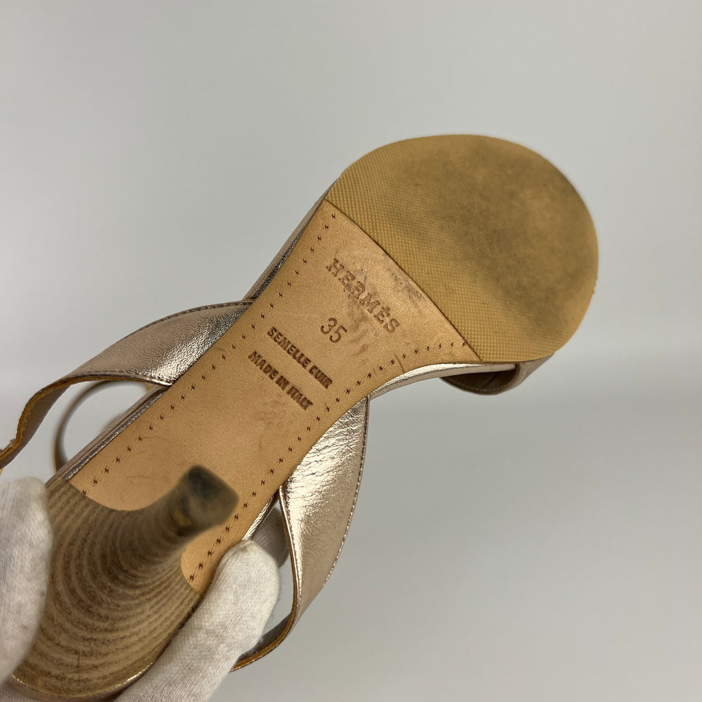 Hermes | Night 70 Metallic Gold H Logo Slingback Stiletto Heels (35)