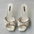 Louis Vuitton | White Blue Monogram Canvas Leather Kitten Heel Slide Mules (38)