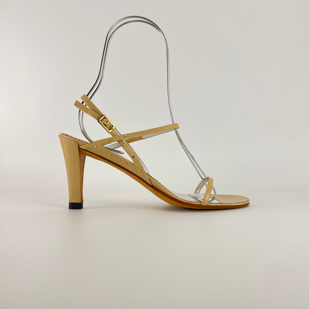Gucci | Vintage Nude Leather Gold Studs Strappy Sandal Heels (7.5 , 37.5)