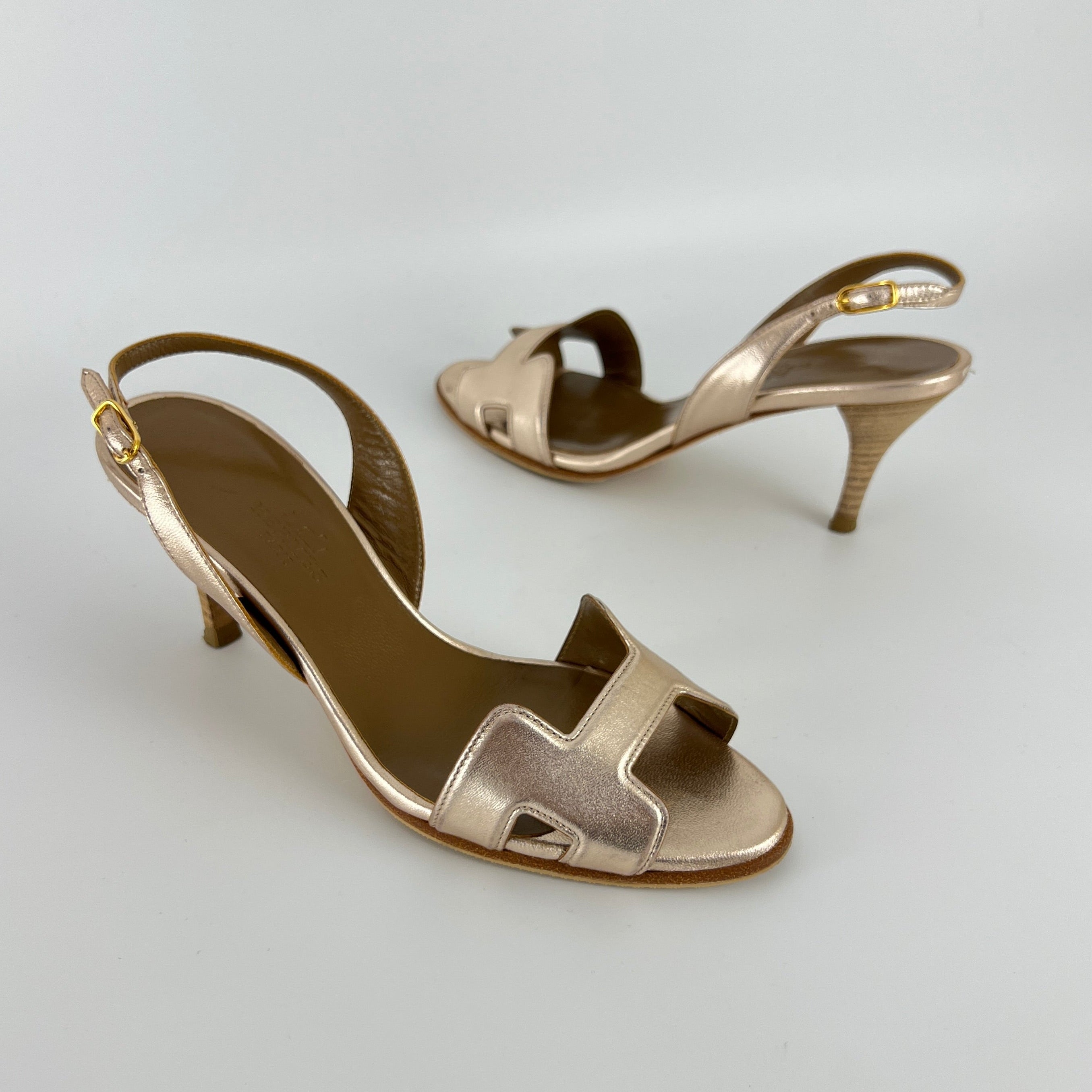 Hermes | Night 70 Metallic Gold H Logo Slingback Stiletto Heels (35)