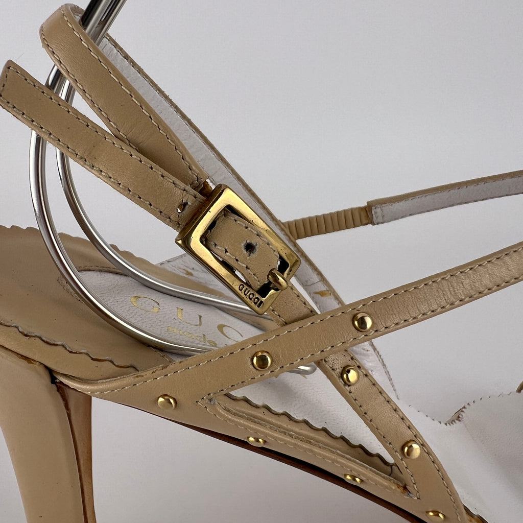 Gucci | Vintage Nude Leather Gold Studs Strappy Sandal Heels (7.5 , 37.5)