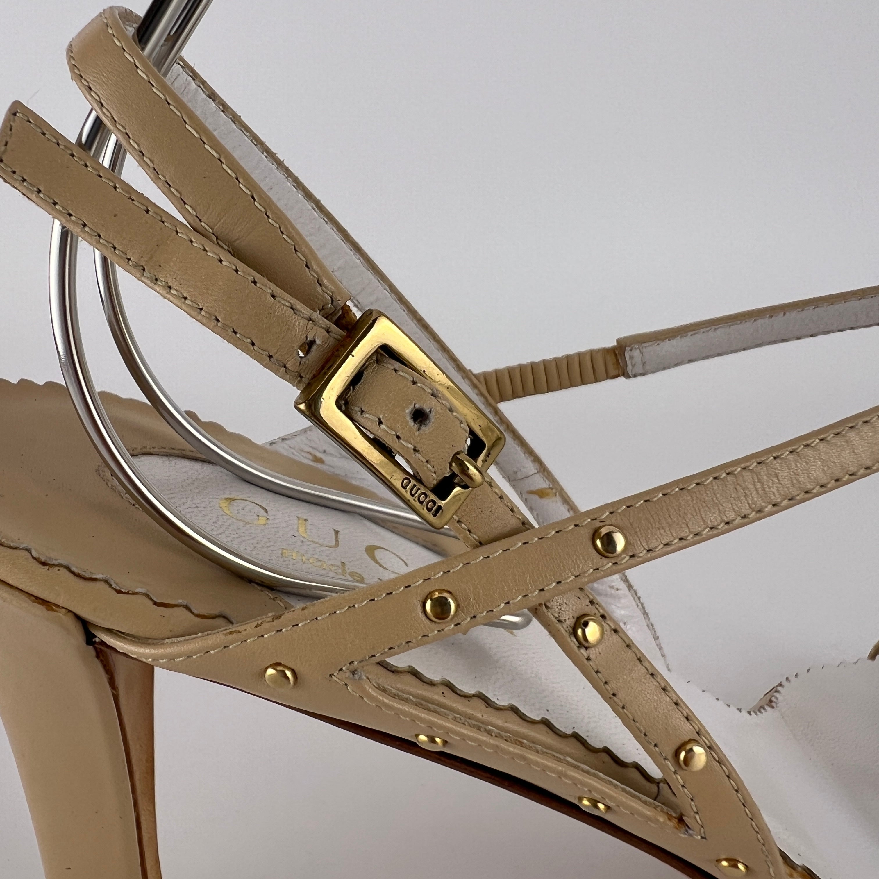 Gucci | Vintage Nude Leather Gold Studs Strappy Sandal Heels (7.5 , 37.5)