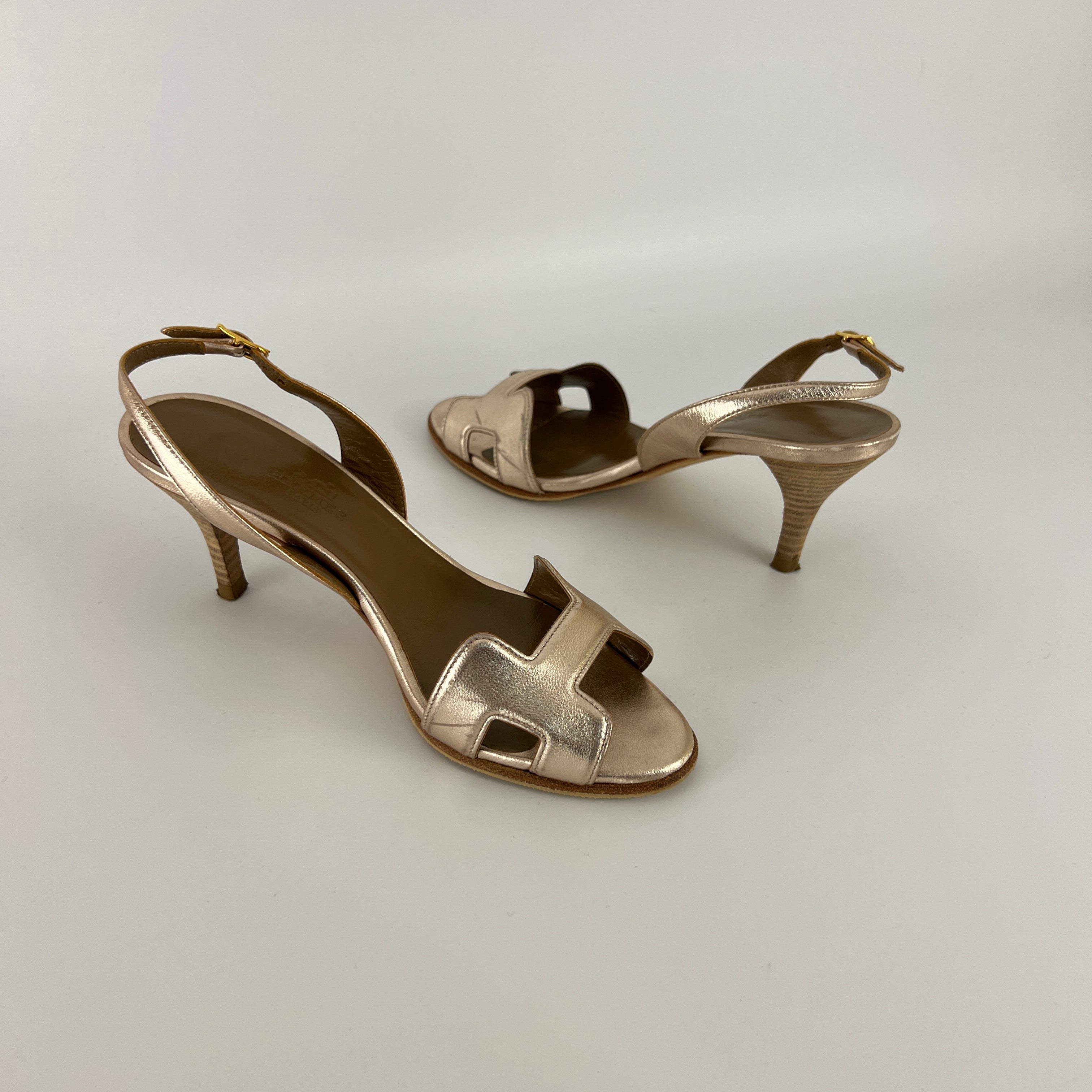 Hermes | Night 70 Metallic Gold H Logo Slingback Stiletto Heels (35)