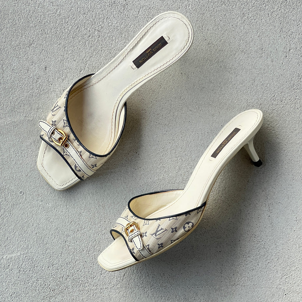 Louis Vuitton | White Blue Monogram Canvas Leather Kitten Heel Slide Mules (38)