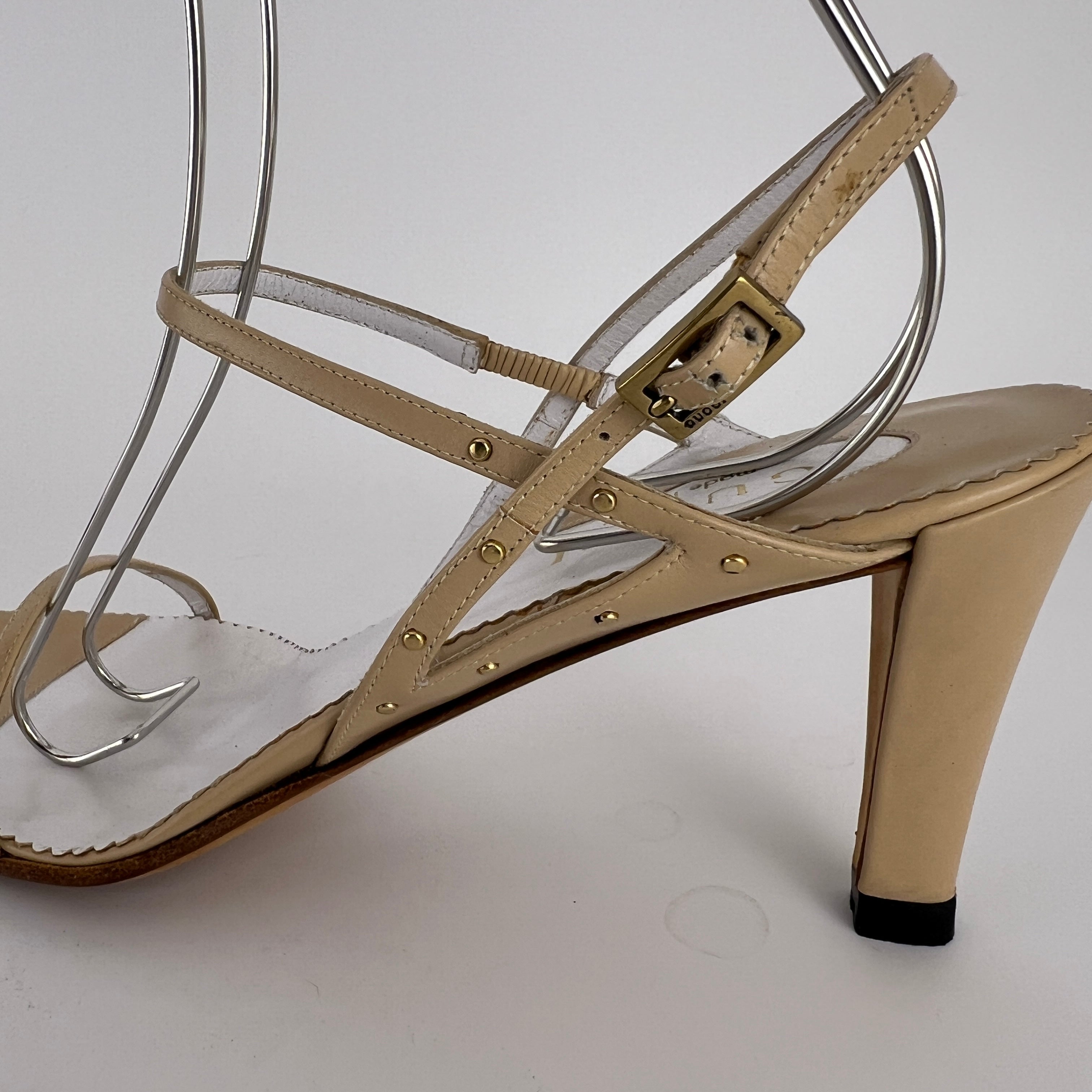 Gucci | Vintage Nude Leather Gold Studs Strappy Sandal Heels (7.5 , 37.5)