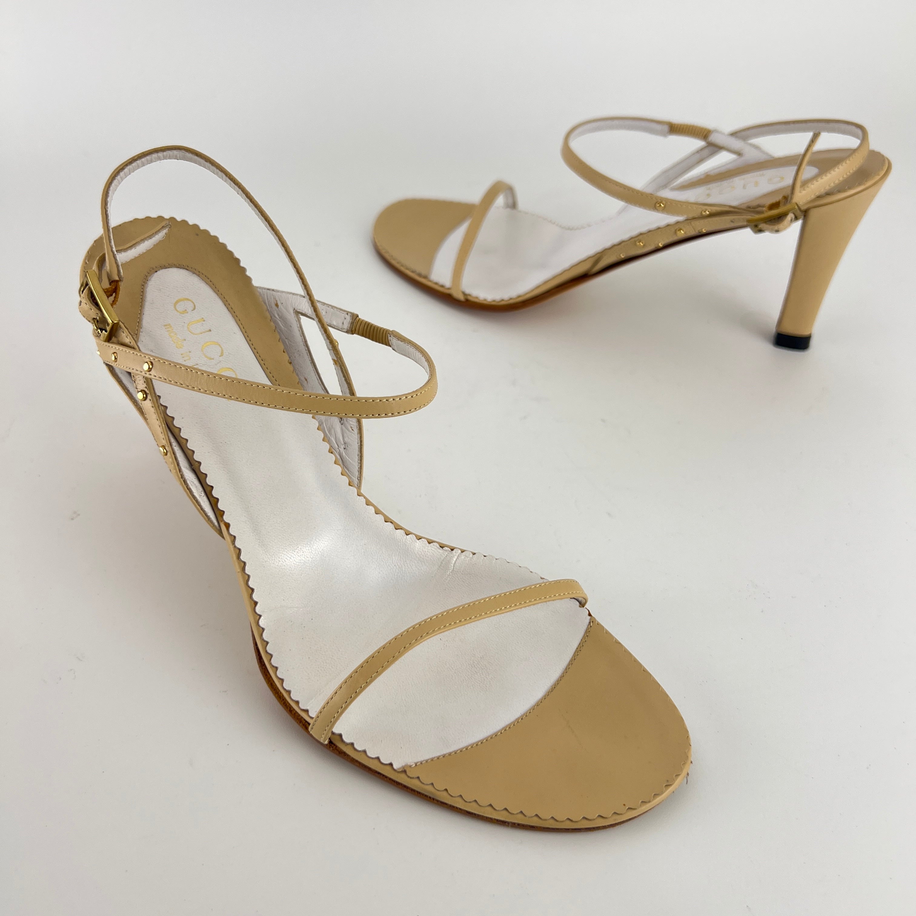 Gucci | Vintage Nude Leather Gold Studs Strappy Sandal Heels (7.5 , 37.5)
