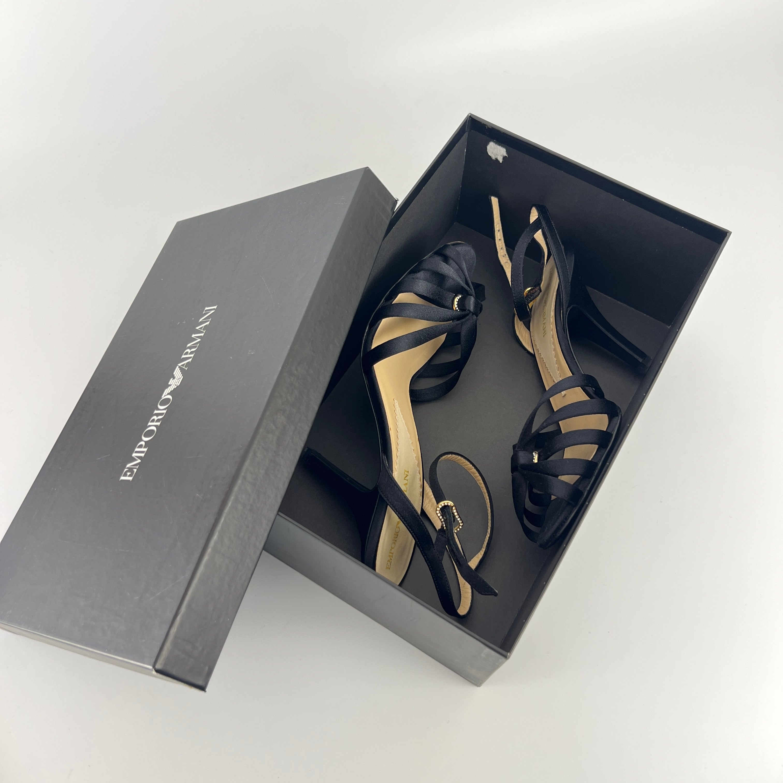 Armani | Black Satin Rhinestone Buckle Ankle Strap Sandal Stiletto Heels (38)