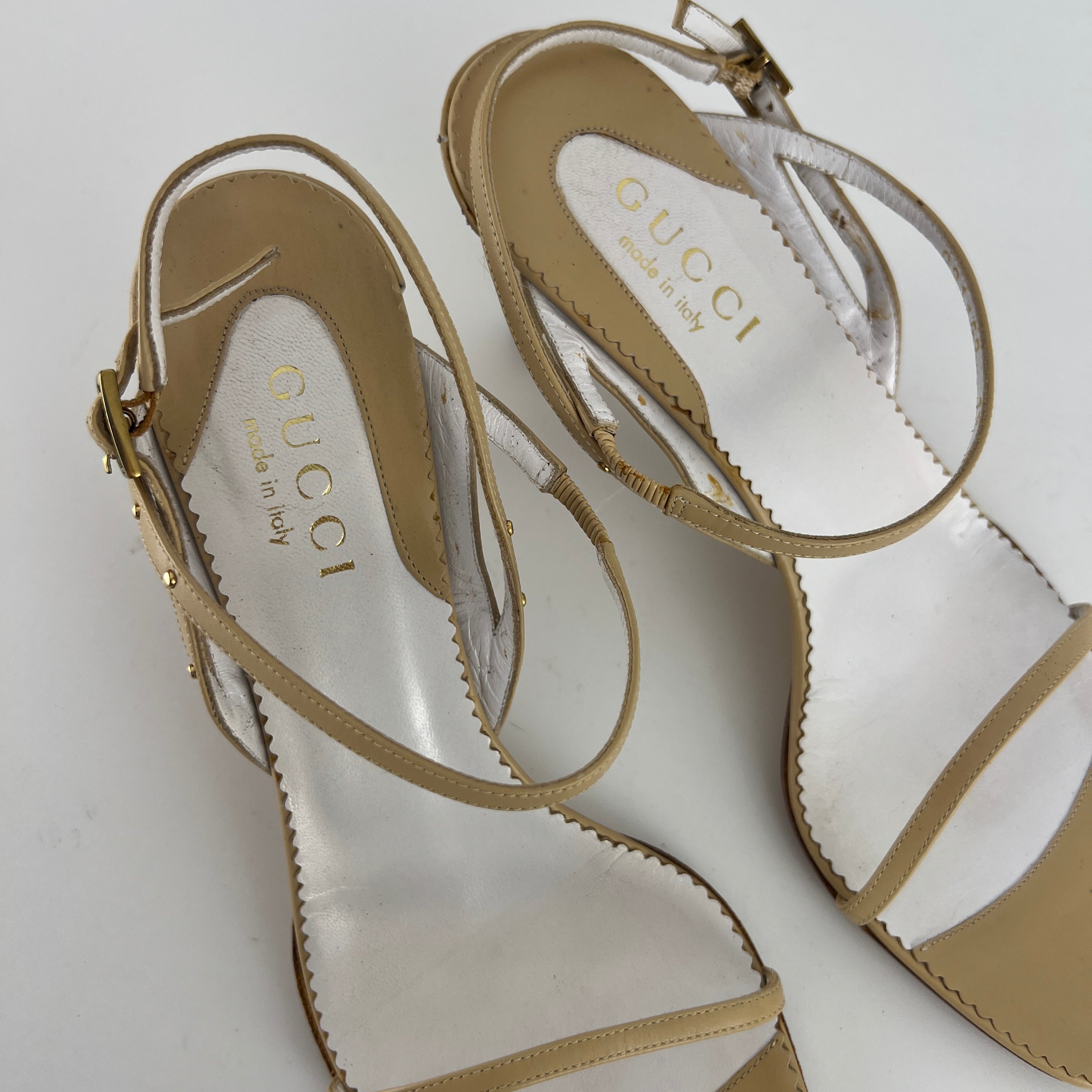 Gucci | Vintage Nude Leather Gold Studs Strappy Sandal Heels (7.5 , 37.5)