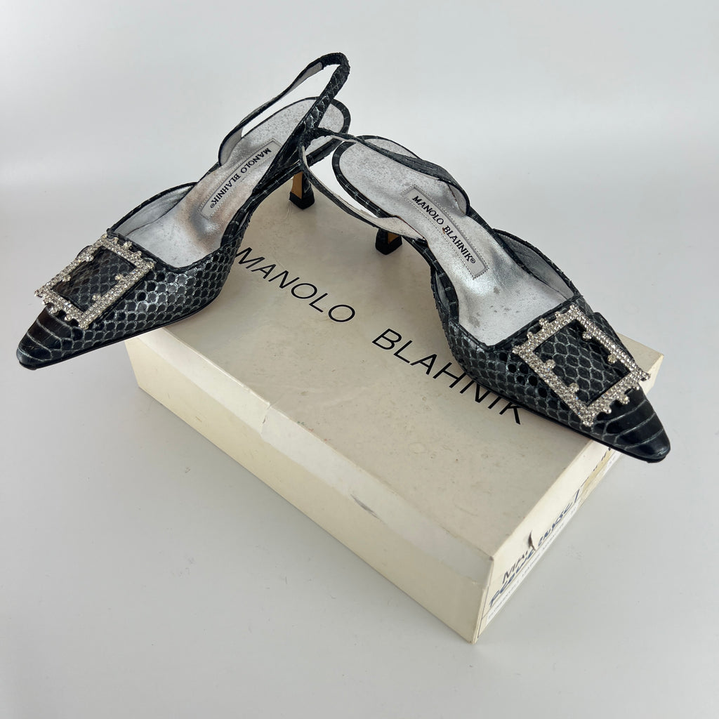 Manolo Blahnik | Vintage Snake Leather Jewel Buckle Pointed Toe Slingback Heels (36)