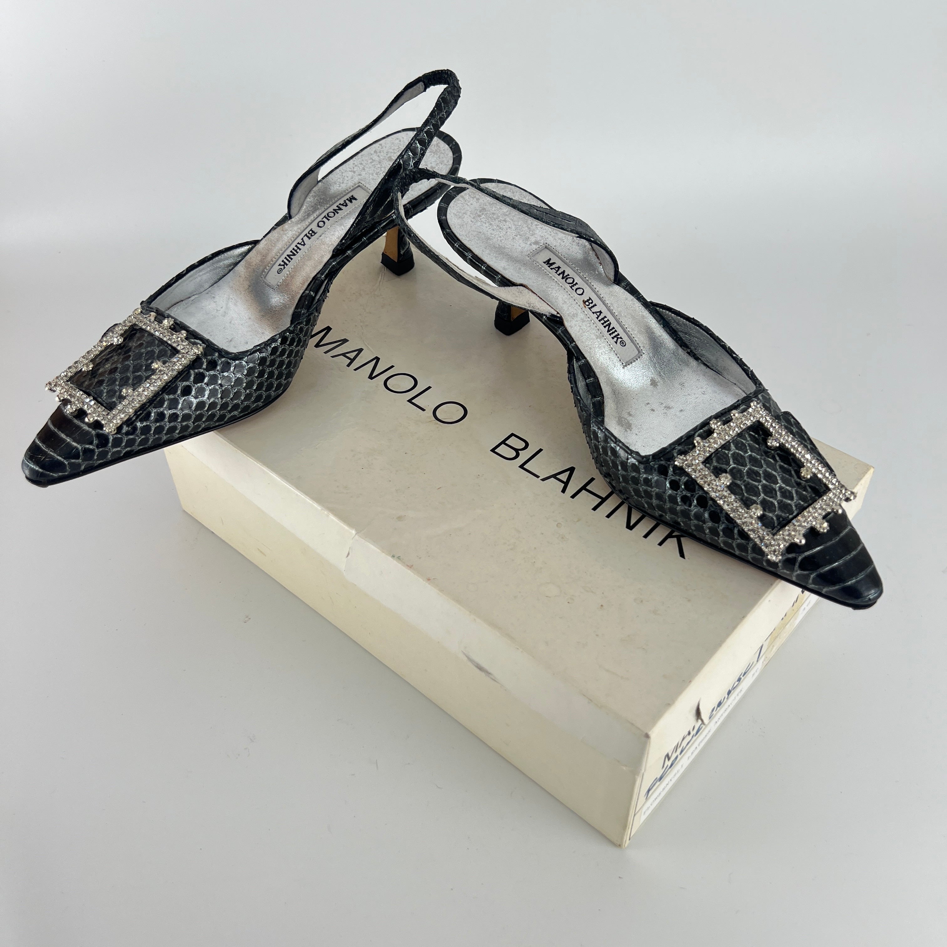 Manolo Blahnik | Vintage Snake Leather Jewel Buckle Pointed Toe Slingback Heels (36)