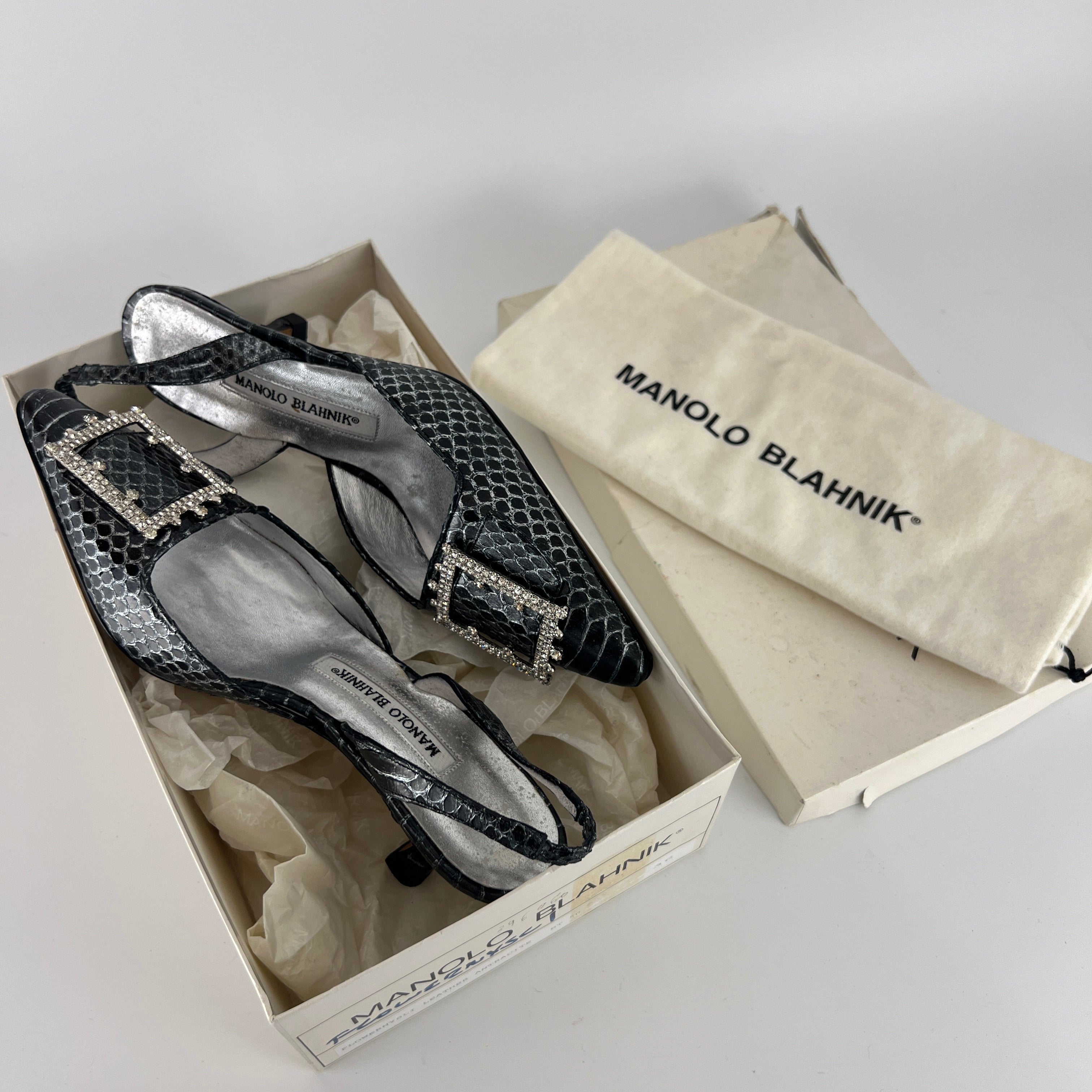 Manolo Blahnik | Vintage Snake Leather Jewel Buckle Pointed Toe Slingback Heels (36)