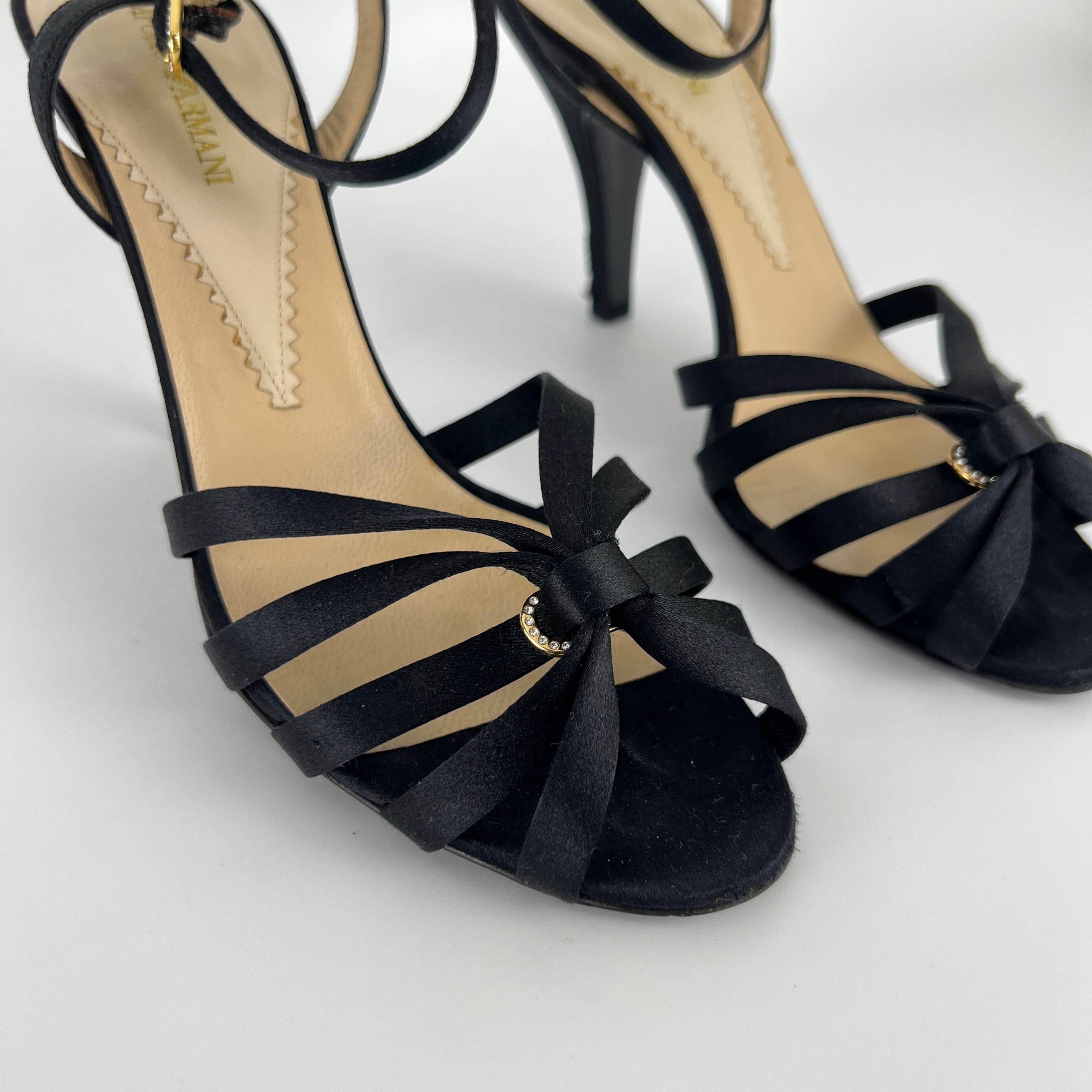 Armani | Black Satin Rhinestone Buckle Ankle Strap Sandal Stiletto Heels (38)