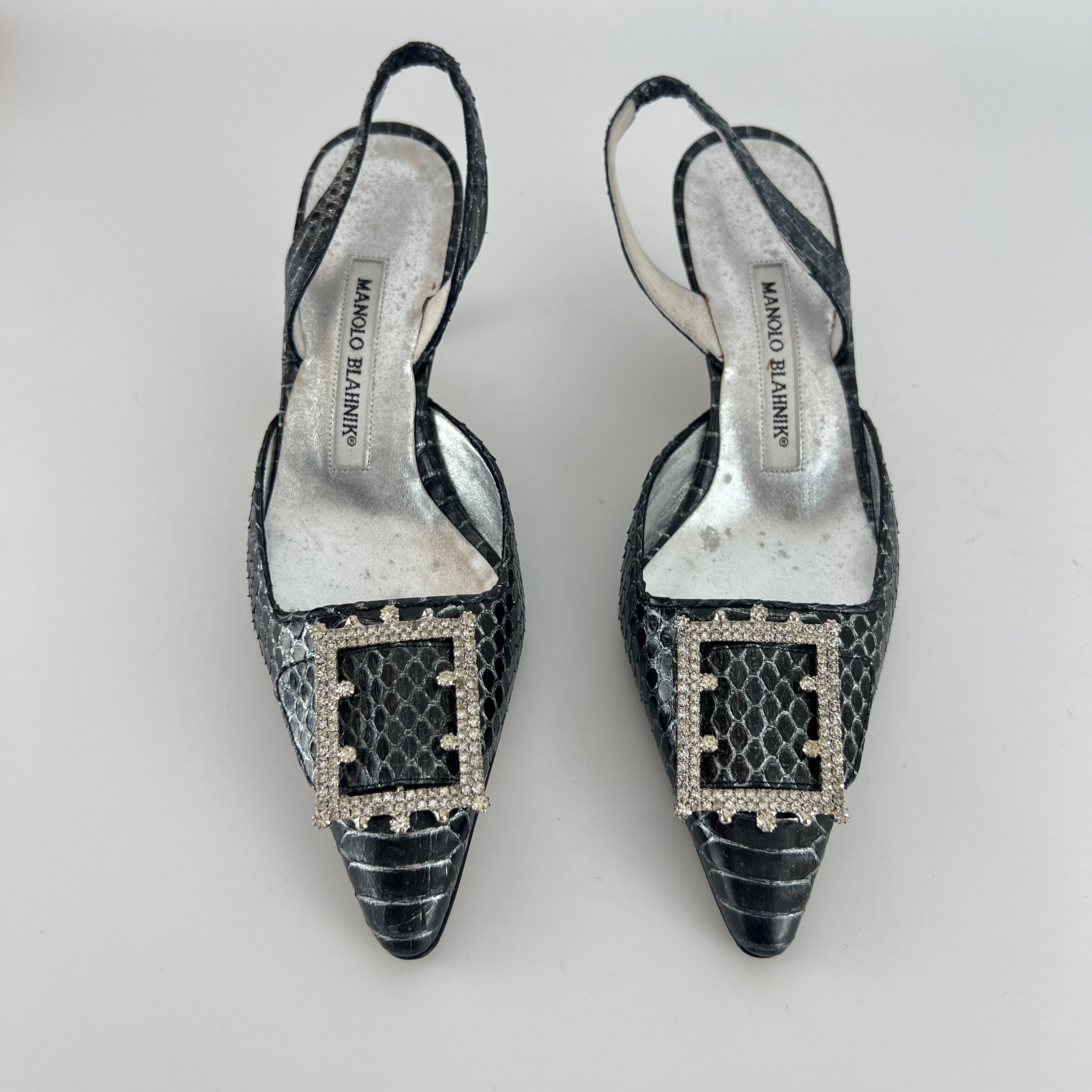 Manolo Blahnik | Vintage Snake Leather Jewel Buckle Pointed Toe Slingback Heels (36)