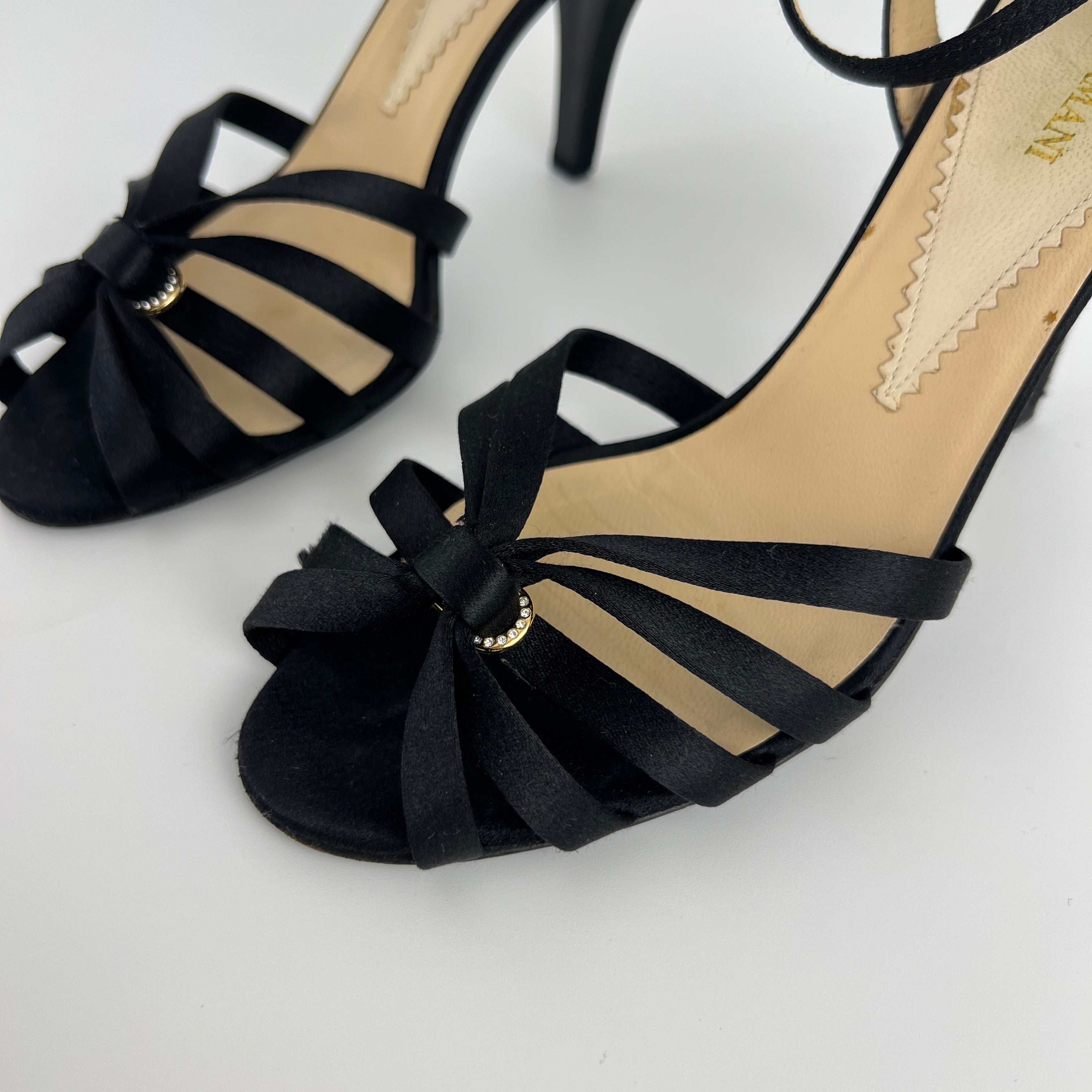 Armani | Black Satin Rhinestone Buckle Ankle Strap Sandal Stiletto Heels (38)