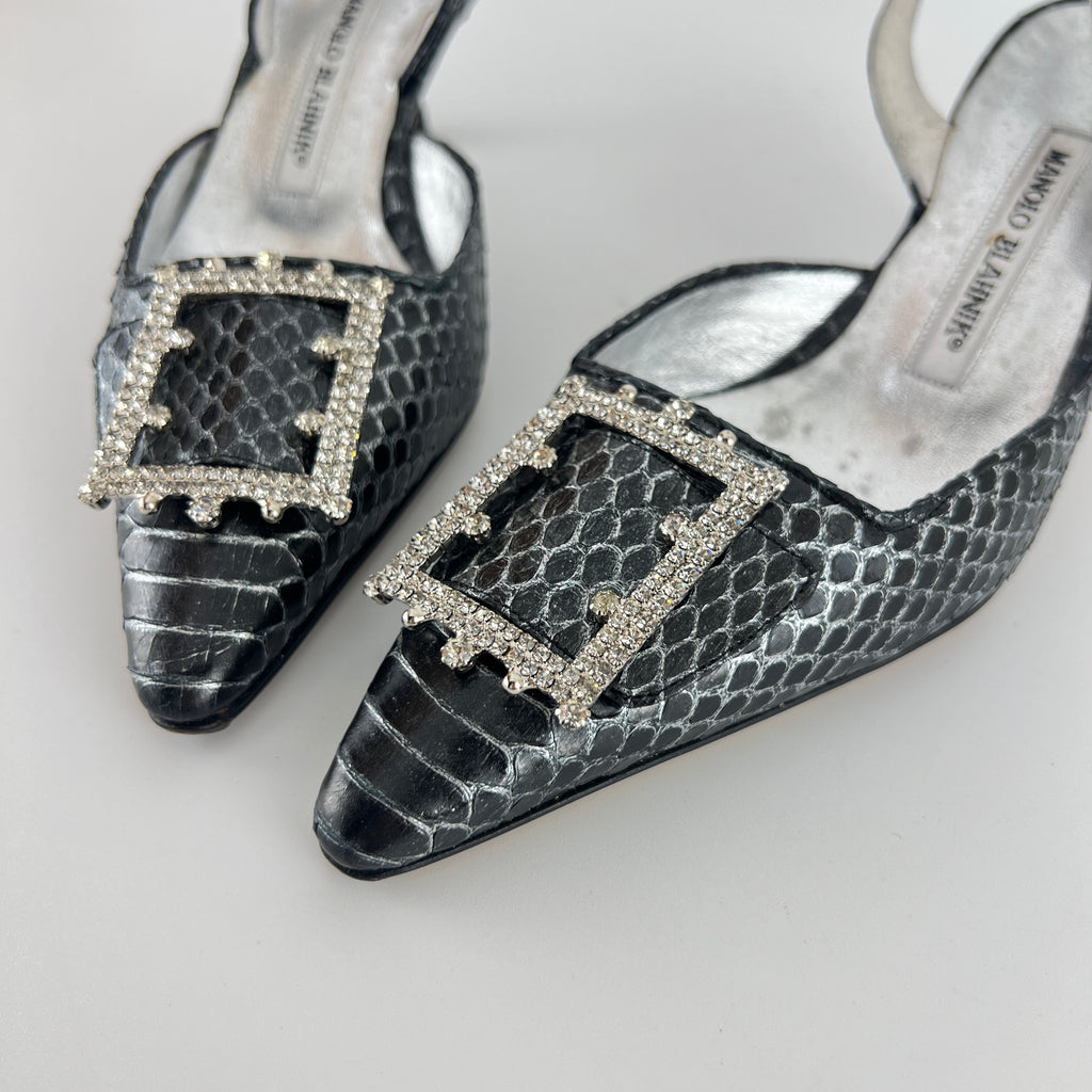 Manolo Blahnik | Vintage Snake Leather Jewel Buckle Pointed Toe Slingback Heels (36)