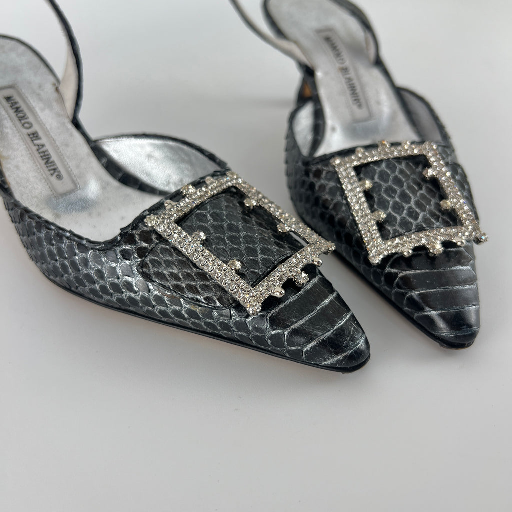 Manolo Blahnik | Vintage Snake Leather Jewel Buckle Pointed Toe Slingback Heels (36)