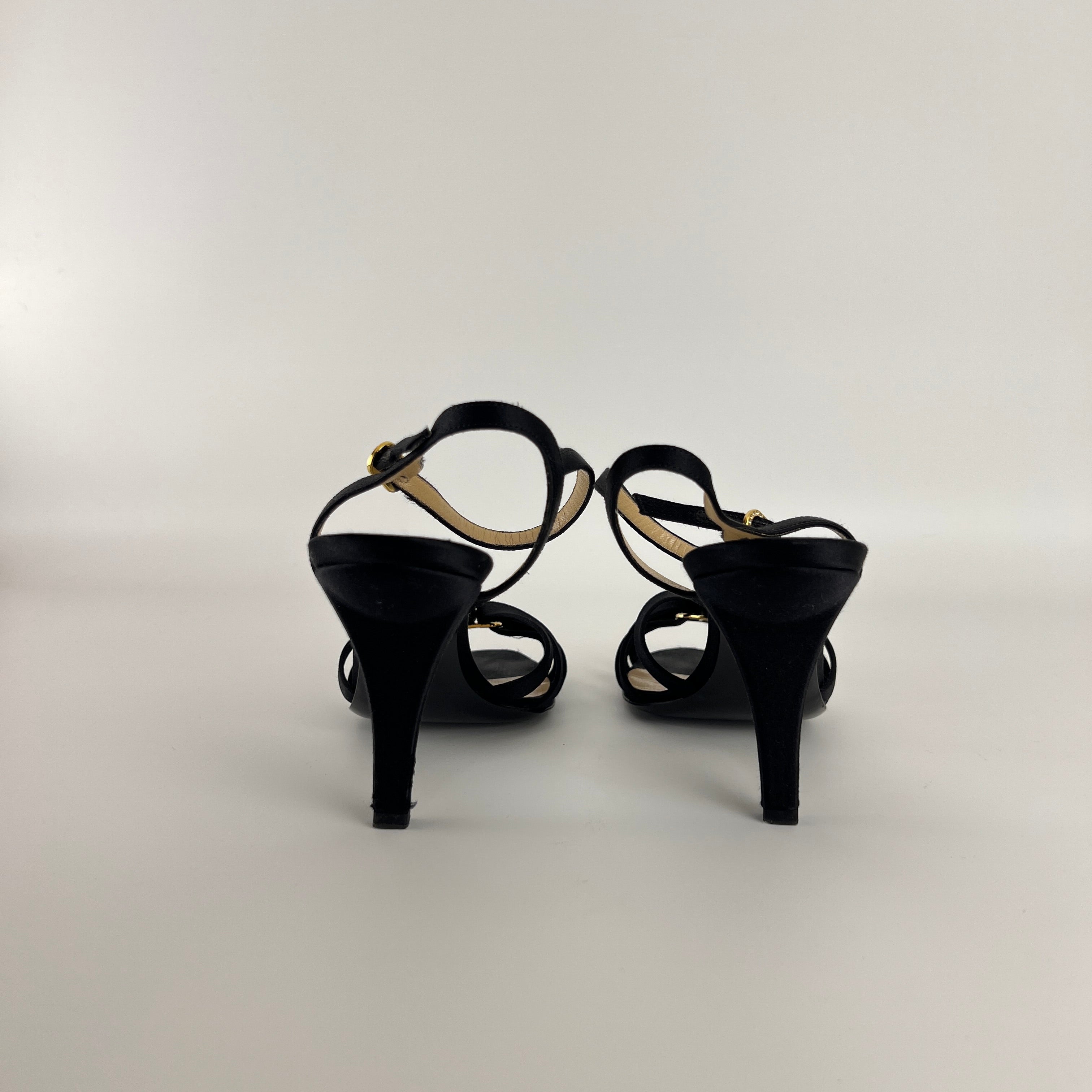 Armani | Black Satin Rhinestone Buckle Ankle Strap Sandal Stiletto Heels (38)