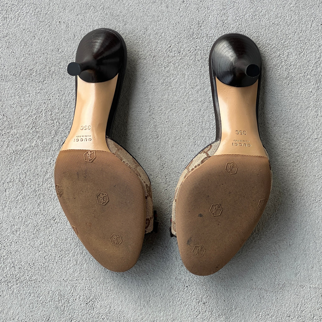 Gucci | Vintage Tom Ford Era Beige GG Monogram Canvas Web Bow Leather Slide Mules (35)
