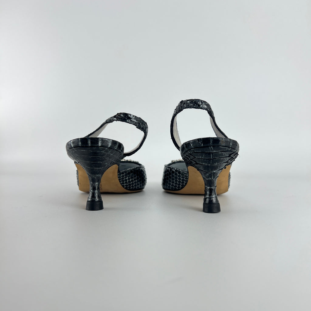Manolo Blahnik | Vintage Snake Leather Jewel Buckle Pointed Toe Slingback Heels (36)