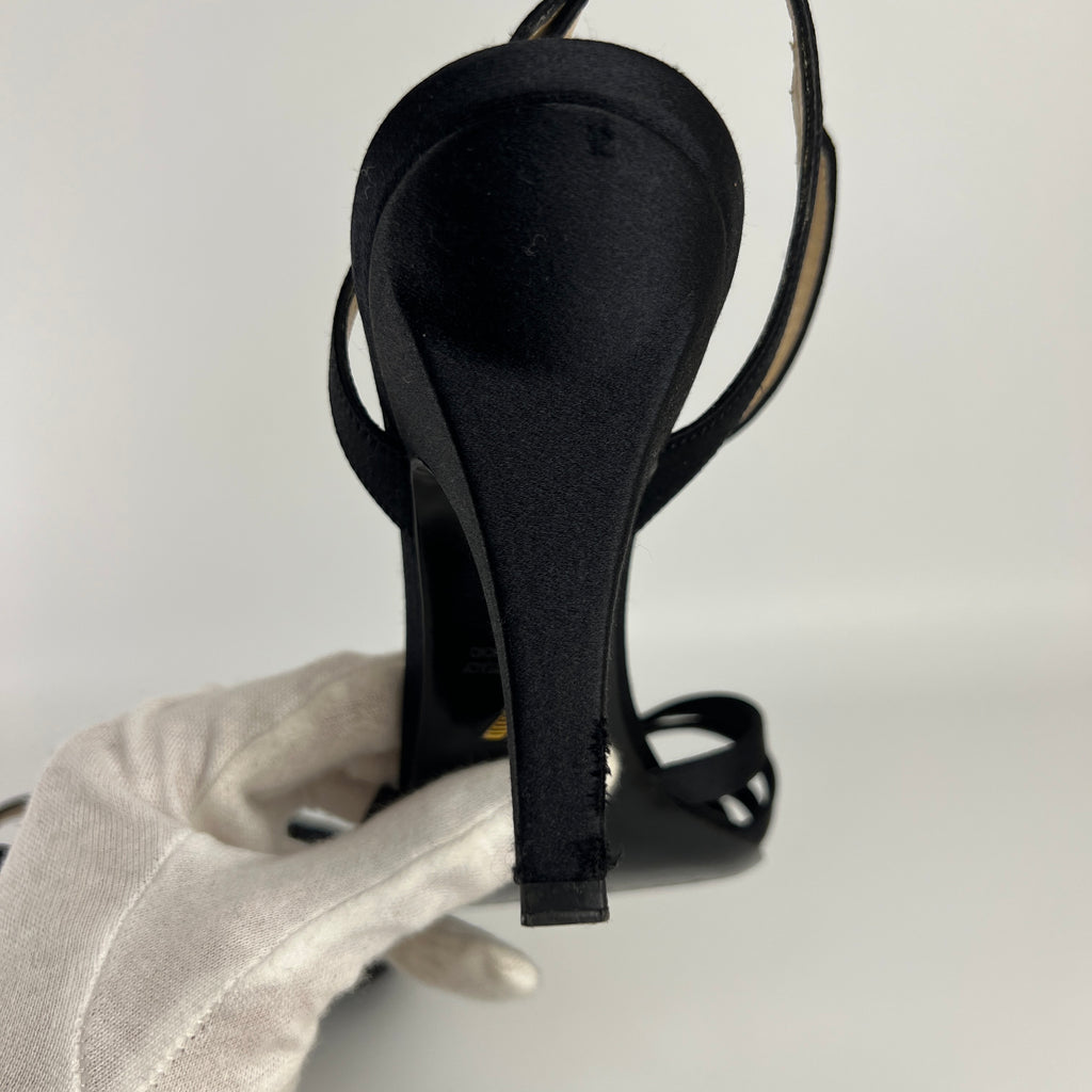 Armani | Black Satin Rhinestone Buckle Ankle Strap Sandal Stiletto Heels (38)