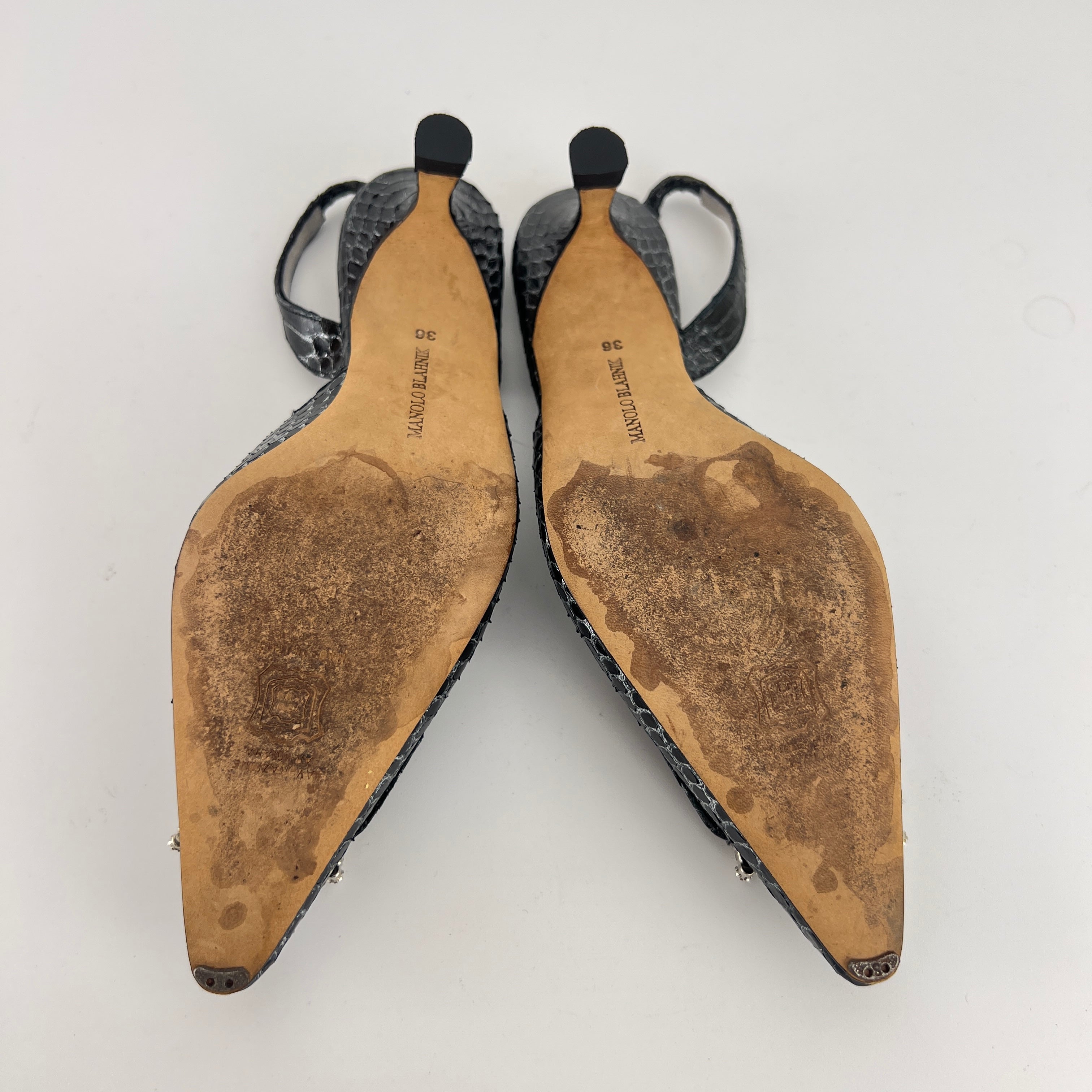 Manolo Blahnik | Vintage Snake Leather Jewel Buckle Pointed Toe Slingback Heels (36)