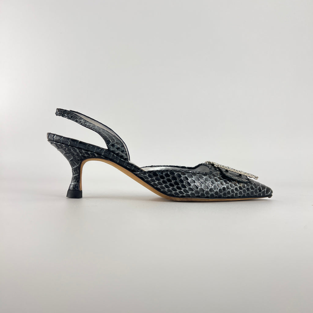 Manolo Blahnik | Vintage Snake Leather Jewel Buckle Pointed Toe Slingback Heels (36)