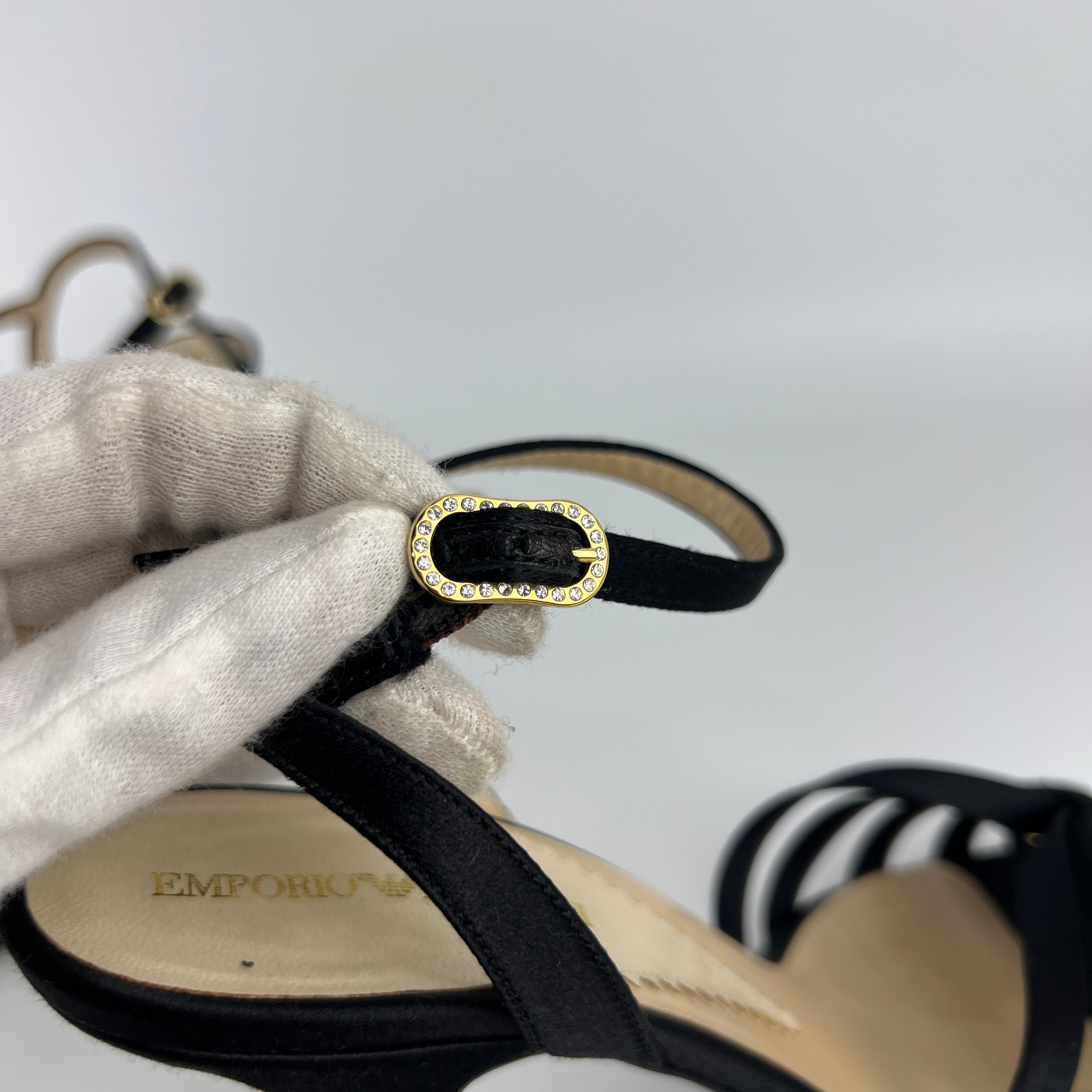 Armani | Black Satin Rhinestone Buckle Ankle Strap Sandal Stiletto Heels (38)