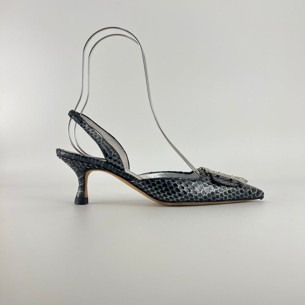 Manolo Blahnik | Vintage Snake Leather Jewel Buckle Pointed Toe Slingback Heels (36)