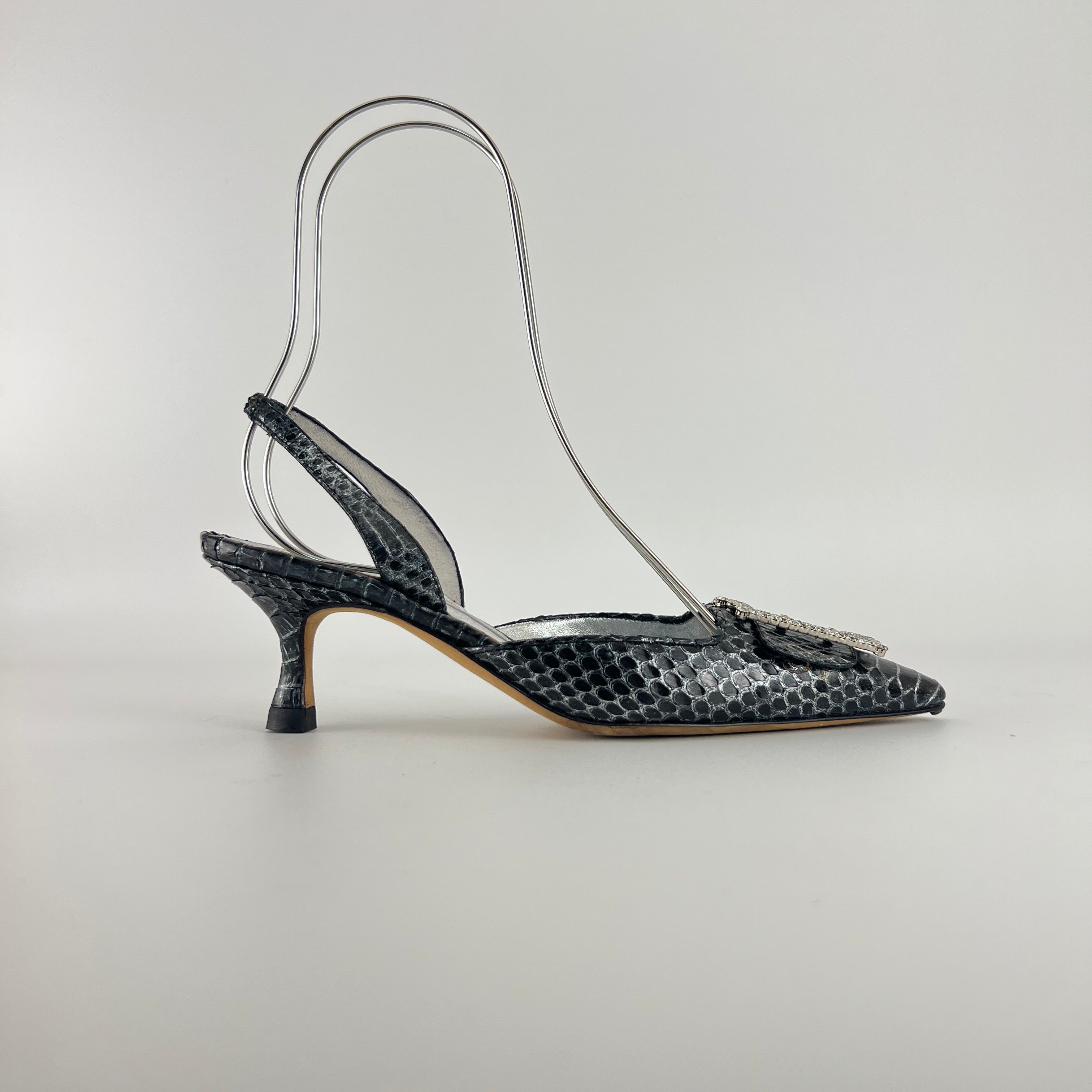 Manolo Blahnik | Vintage Snake Leather Jewel Buckle Pointed Toe Slingback Heels (36)