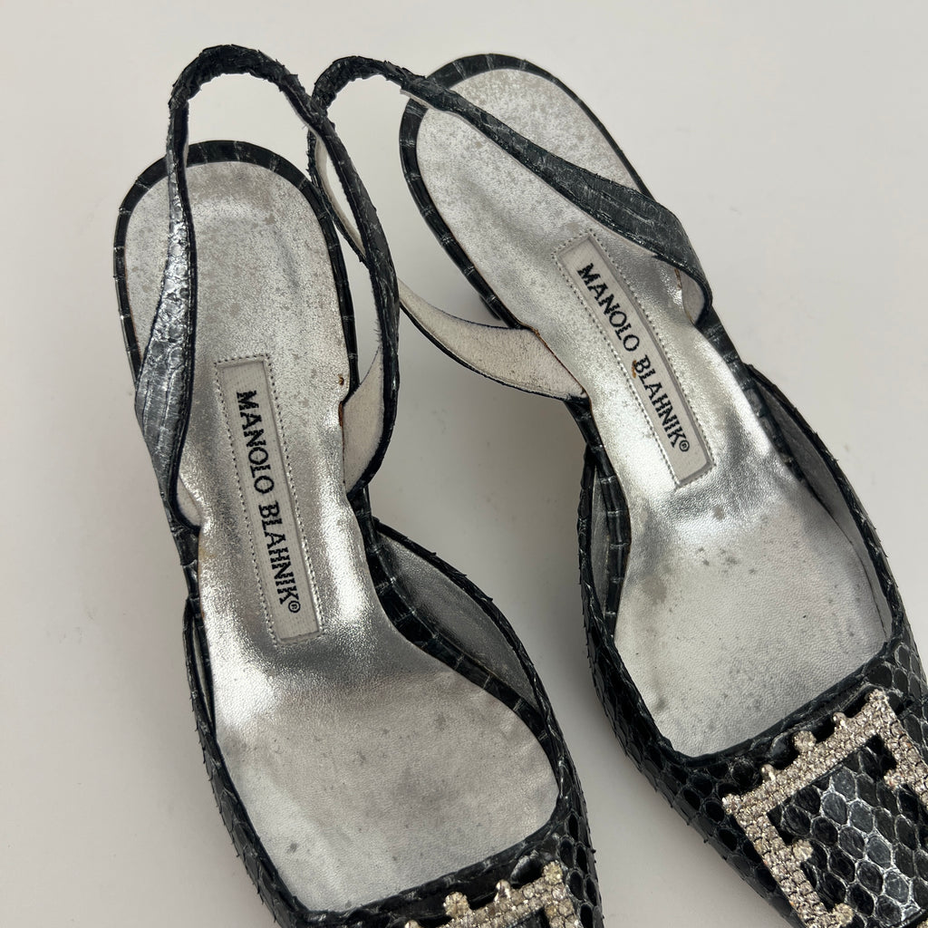 Manolo Blahnik | Vintage Snake Leather Jewel Buckle Pointed Toe Slingback Heels (36)